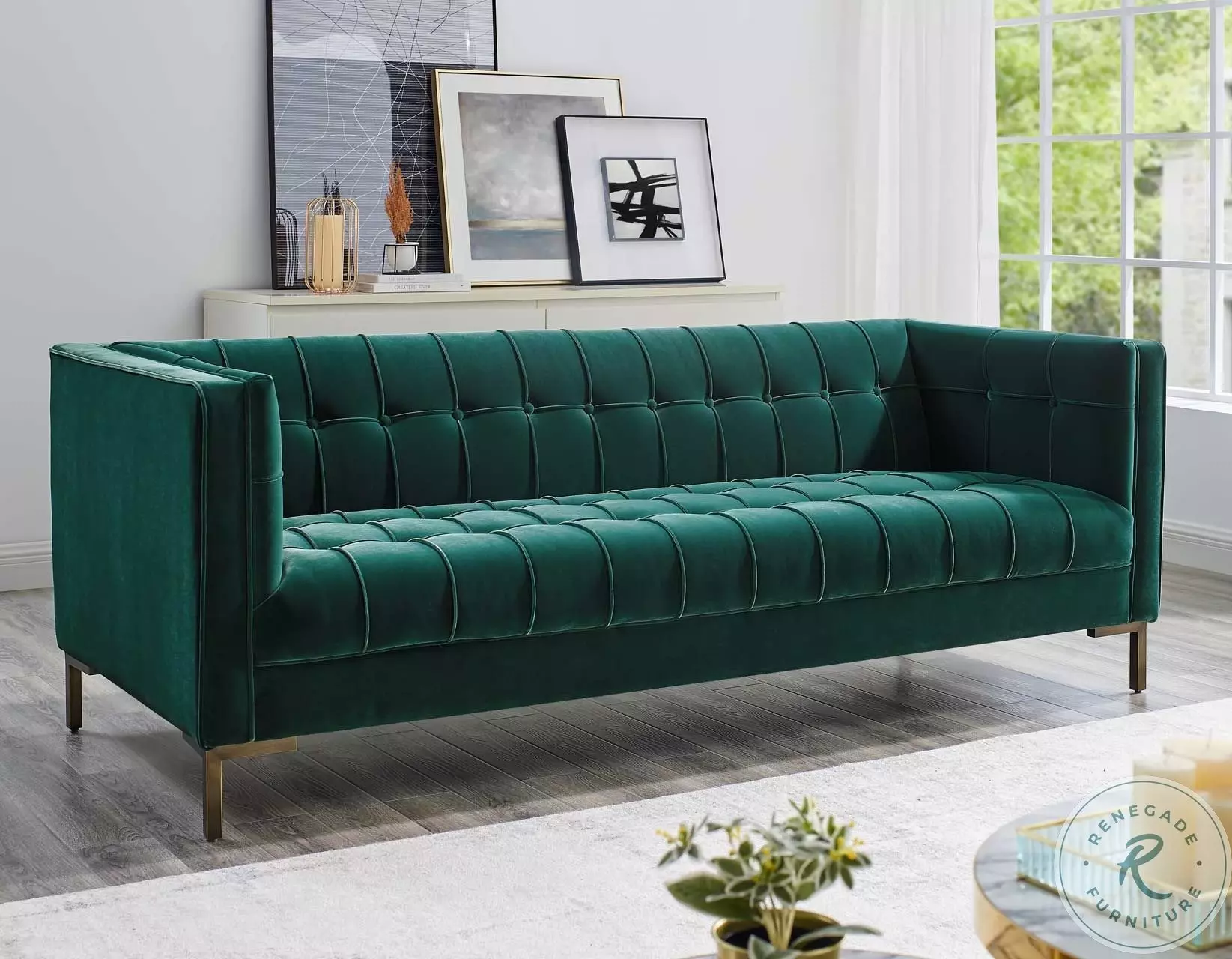 Isaac Emerald Green Velvet Channel Stitch Sofa From Steve Silver