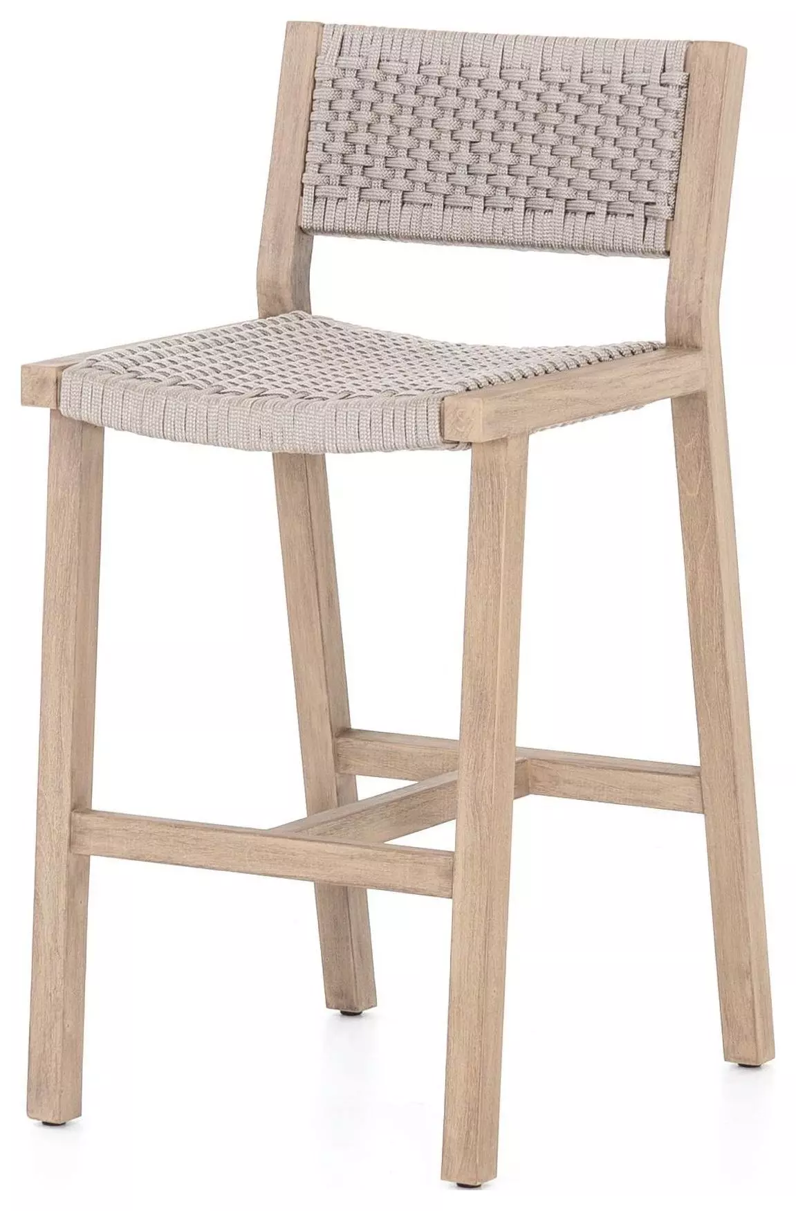 Dion Coastal Beach Light Grey Woven Rope Washed Natural Teak Outdoor Bar Stool