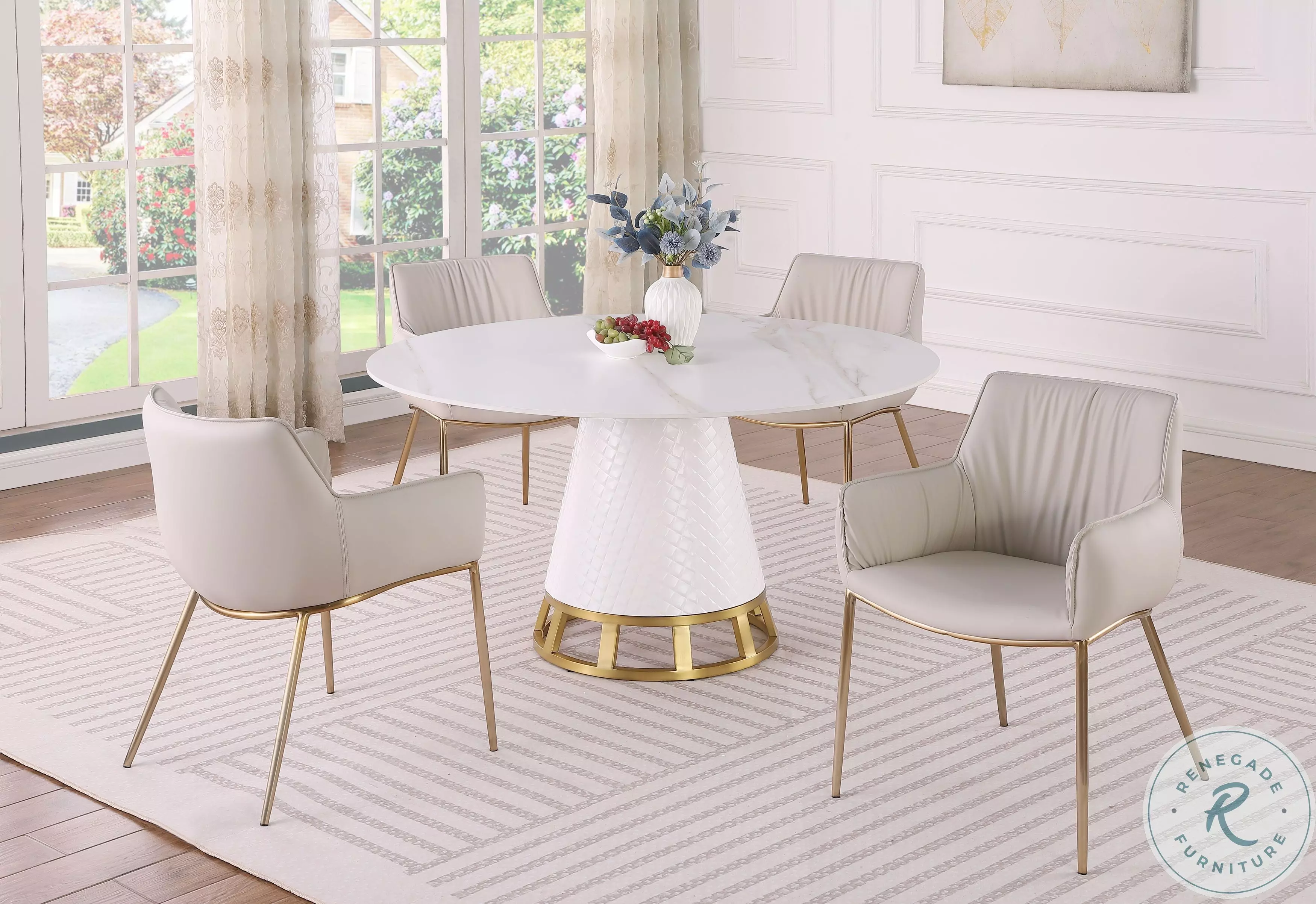 Khloe White And Gold Dining Room Set with Tracy Taupe Club Arm Chair ...