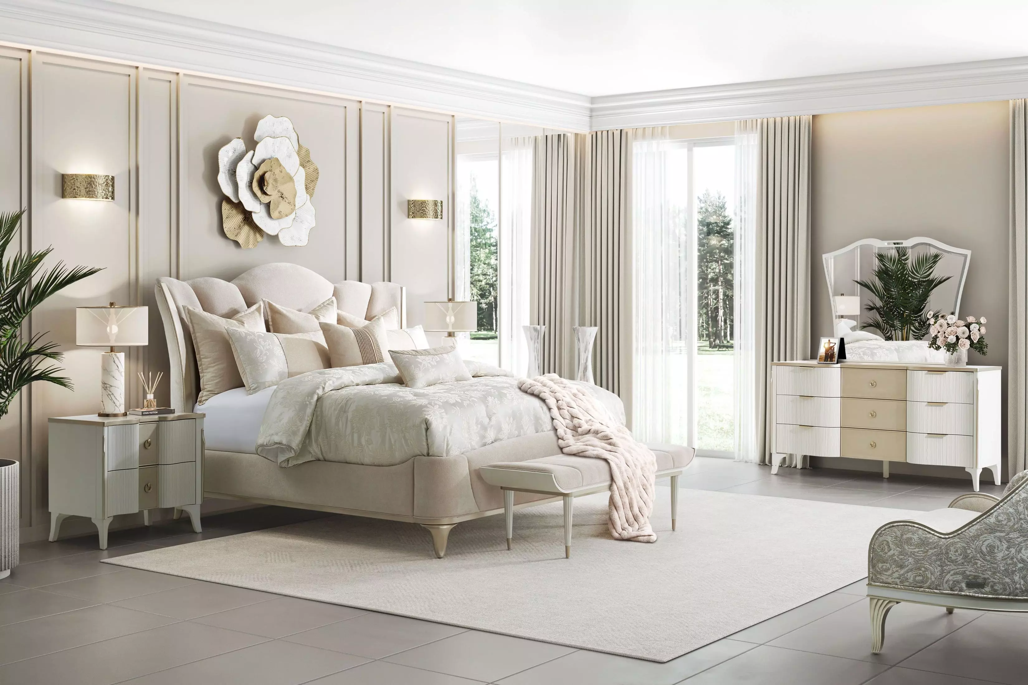 La Marisia Tranquil and Champagne Gold King Upholstered Bed with