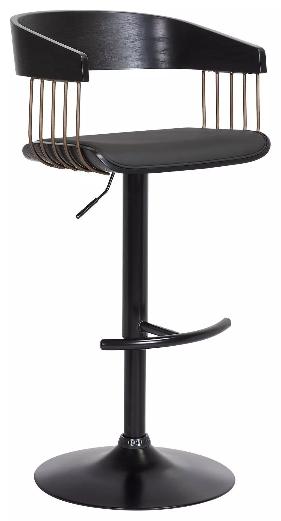 Larisa Adjustable Black Wood Bar Stool in Black Faux Leather with Golden Bronze and Black Metal