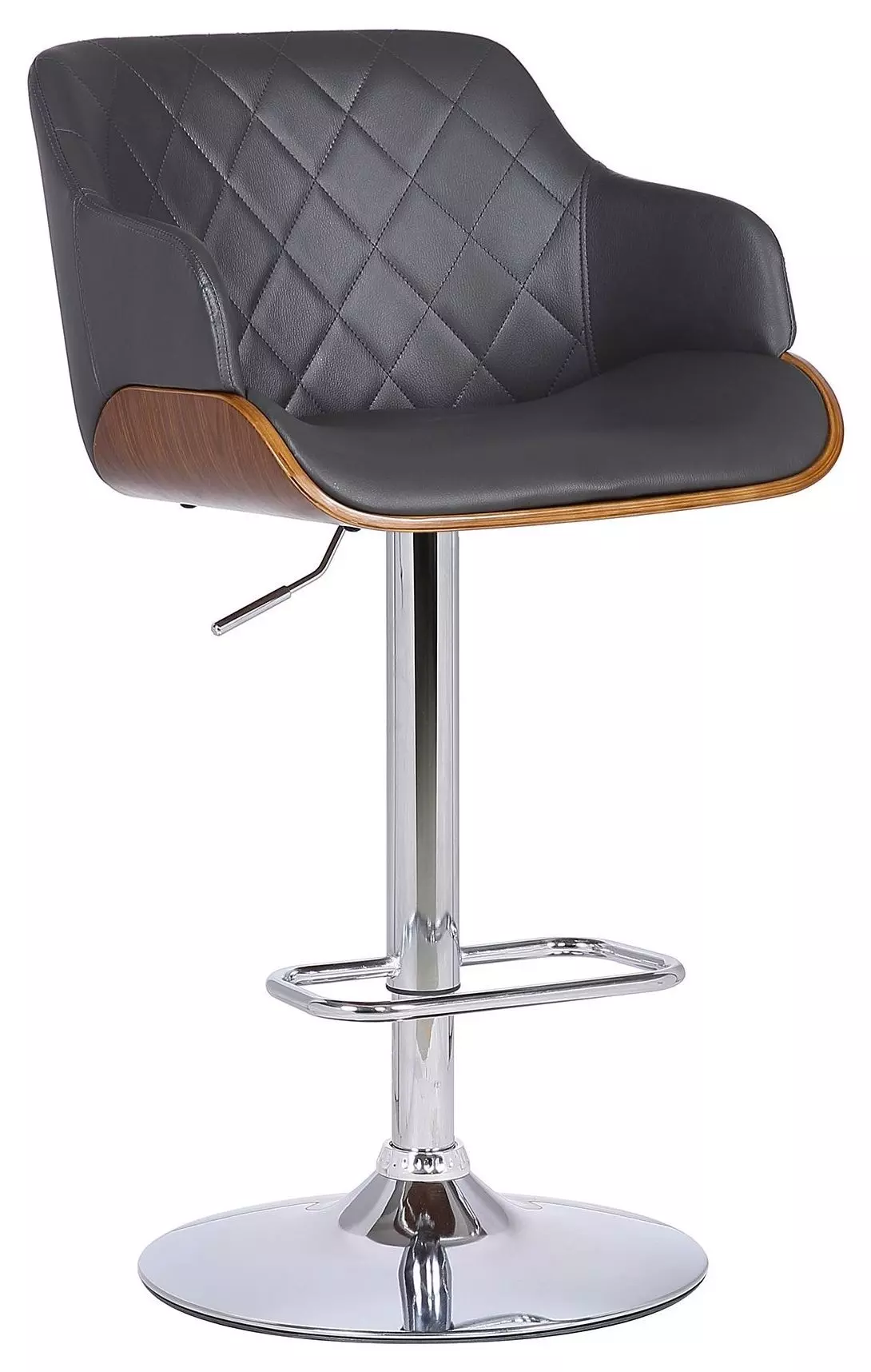 Toby Gray Faux Leather Adjustable Height Swivel Walnut Wood and Chrome Bar Stool
