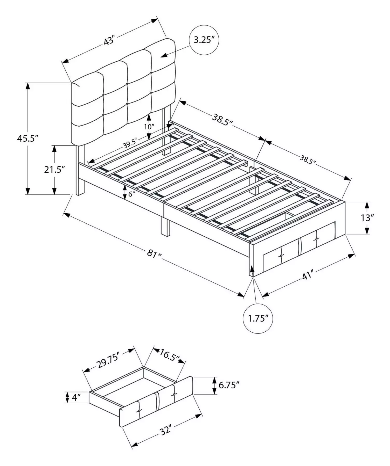 5900T Gray Twin Upholstered Storage Platform Bed