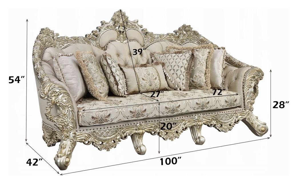 Danae Champagne and Gold 100" Sofa with Pillows and Nailhead Trim