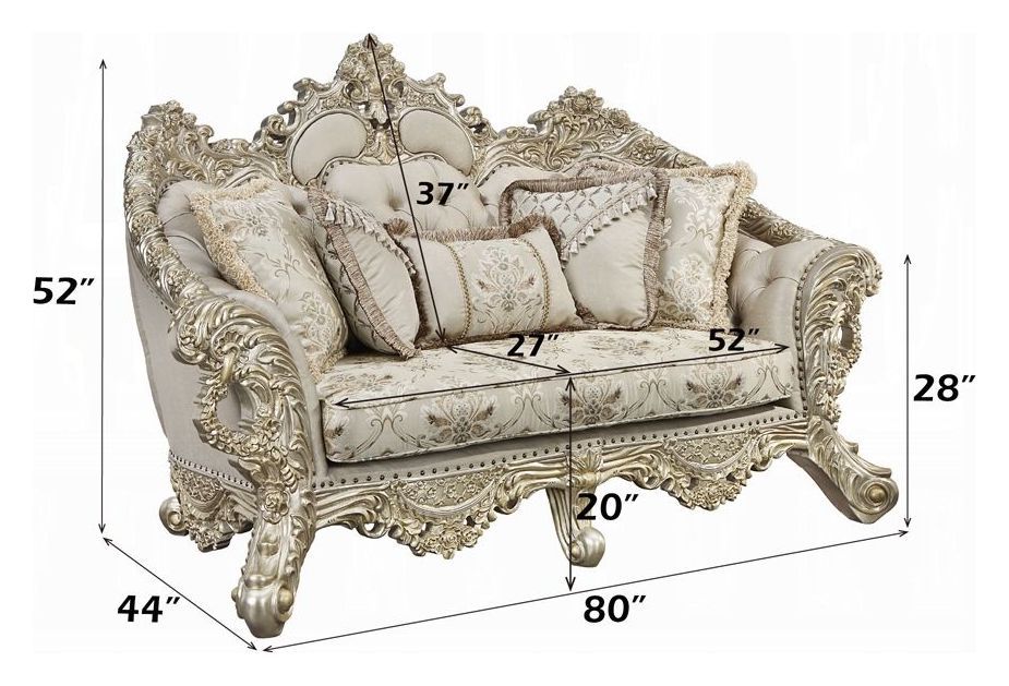 Danae Champagne and Gold 80" Loveseat with Pillows and Nailhead Trim