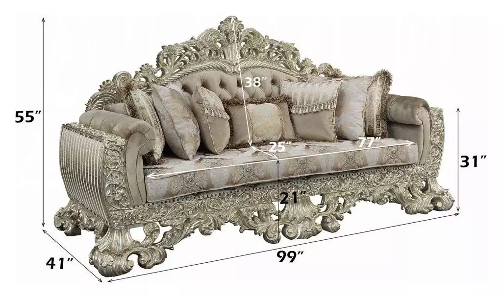 Sorina Beige and Antique Gold 99" Sofa with Pillows and Nailhead Trim