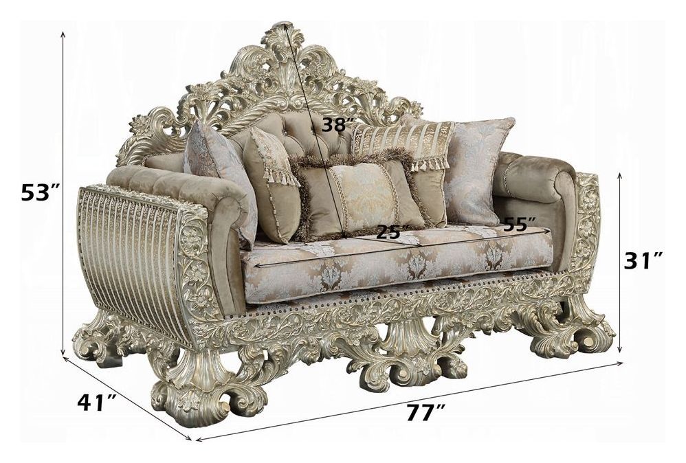 Sorina Beige and Antique Gold 77" Loveseat with Pillows and Nailhead Trim