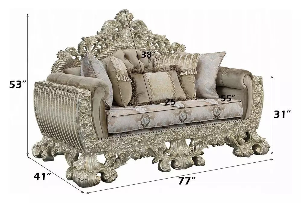 Sorina Beige and Antique Gold 77" Loveseat with Pillows and Nailhead Trim