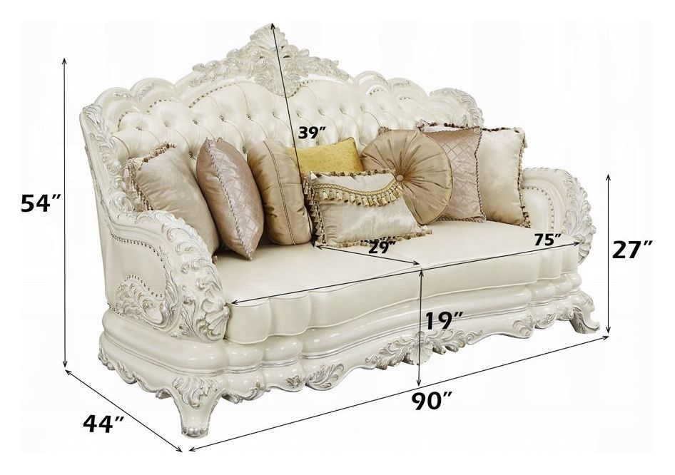 Adara Pearl White 90" Sofa with Pillows and Nailhead Trim