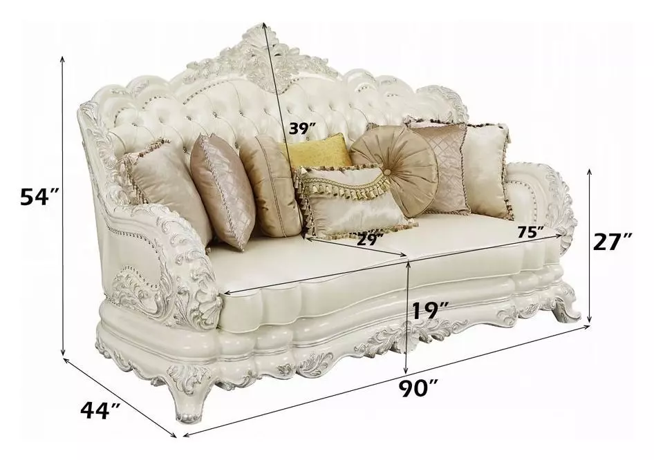 Adara Pearl White 90" Sofa with Pillows and Nailhead Trim
