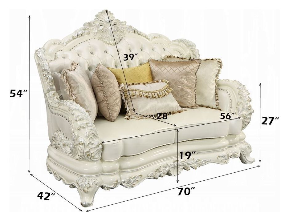 Adara Pearl White 70" Loveseat with Pillows and Nailhead Trim