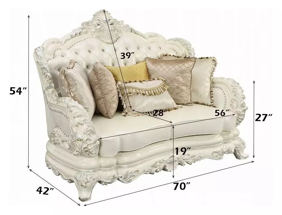 Adara Pearl White 70" Loveseat with Pillows and Nailhead Trim
