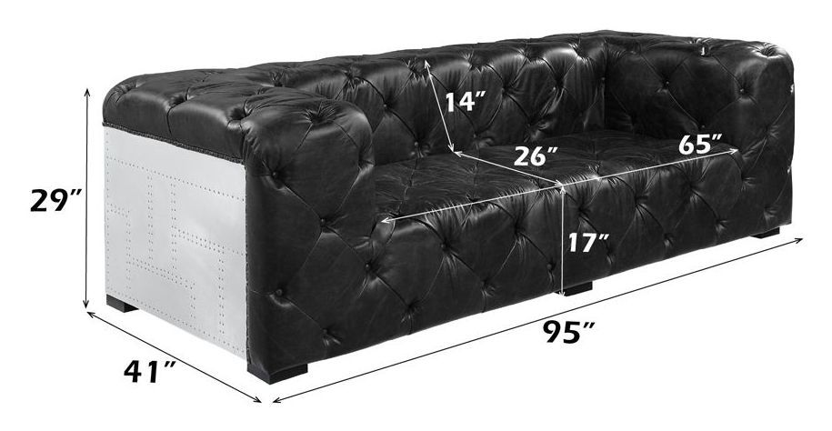 Brancaster Black Leather 95" Sofa with Nailhead Trim