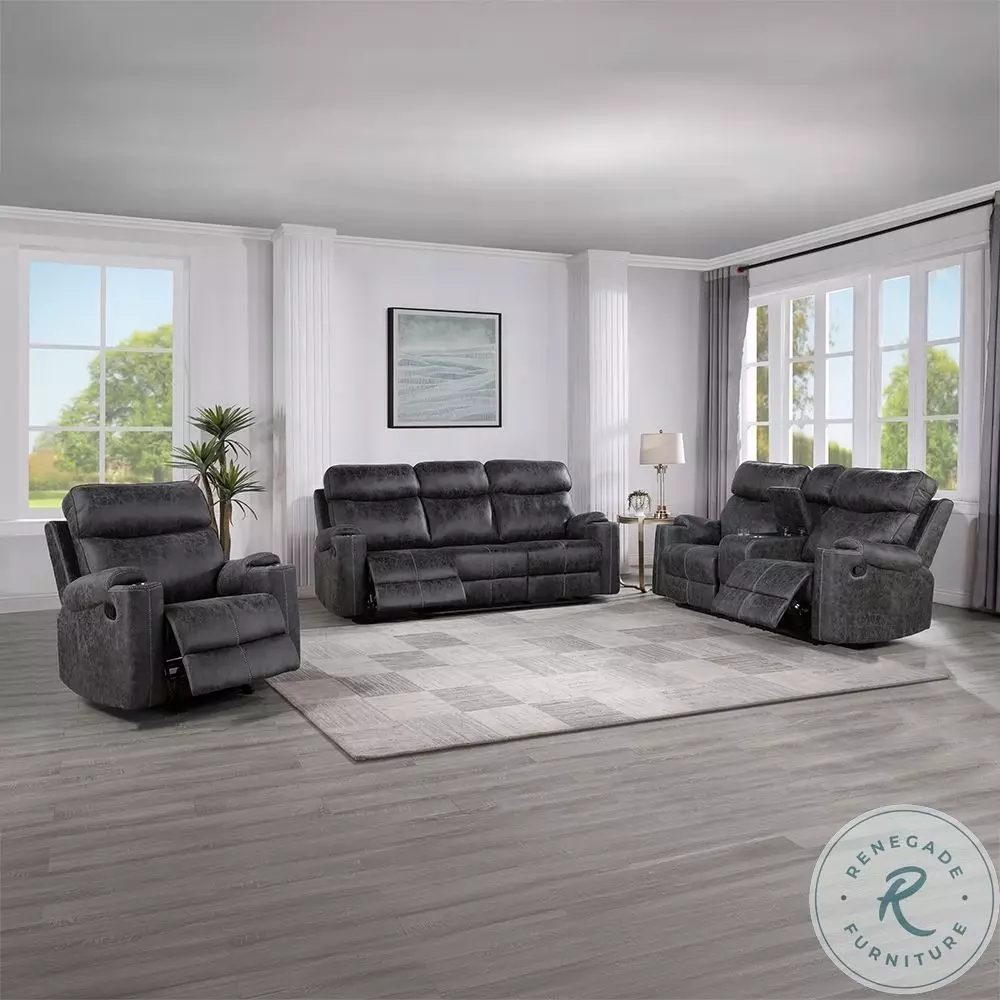 Hirah Dark Gray Polish Microfiber Reclining Living Room Set from