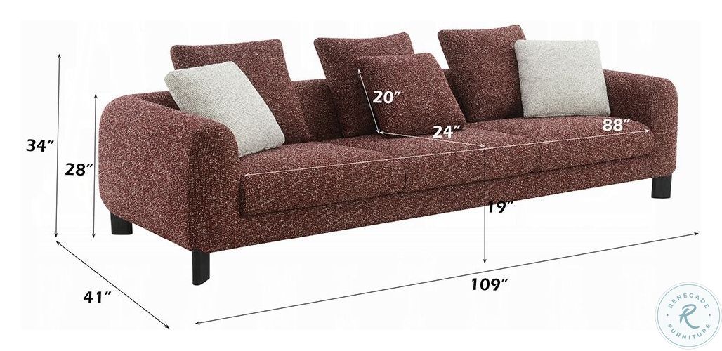 Mardi Maroon Tweed 109" Sofa with 3 Pillows