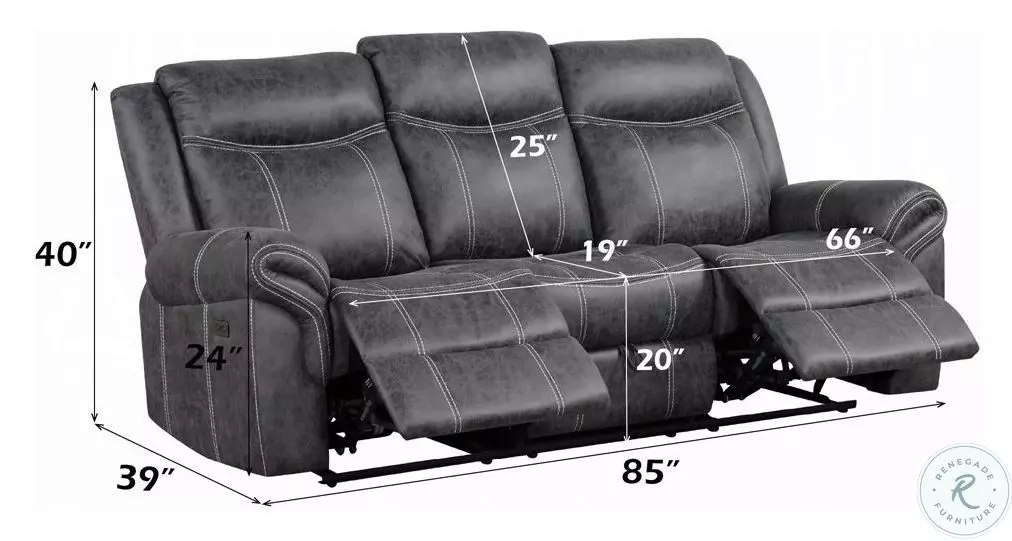 Zubaida Dark Gray Polish Microfiber Power Reclining 85" Sofa with Drop Down Table and USB Charging