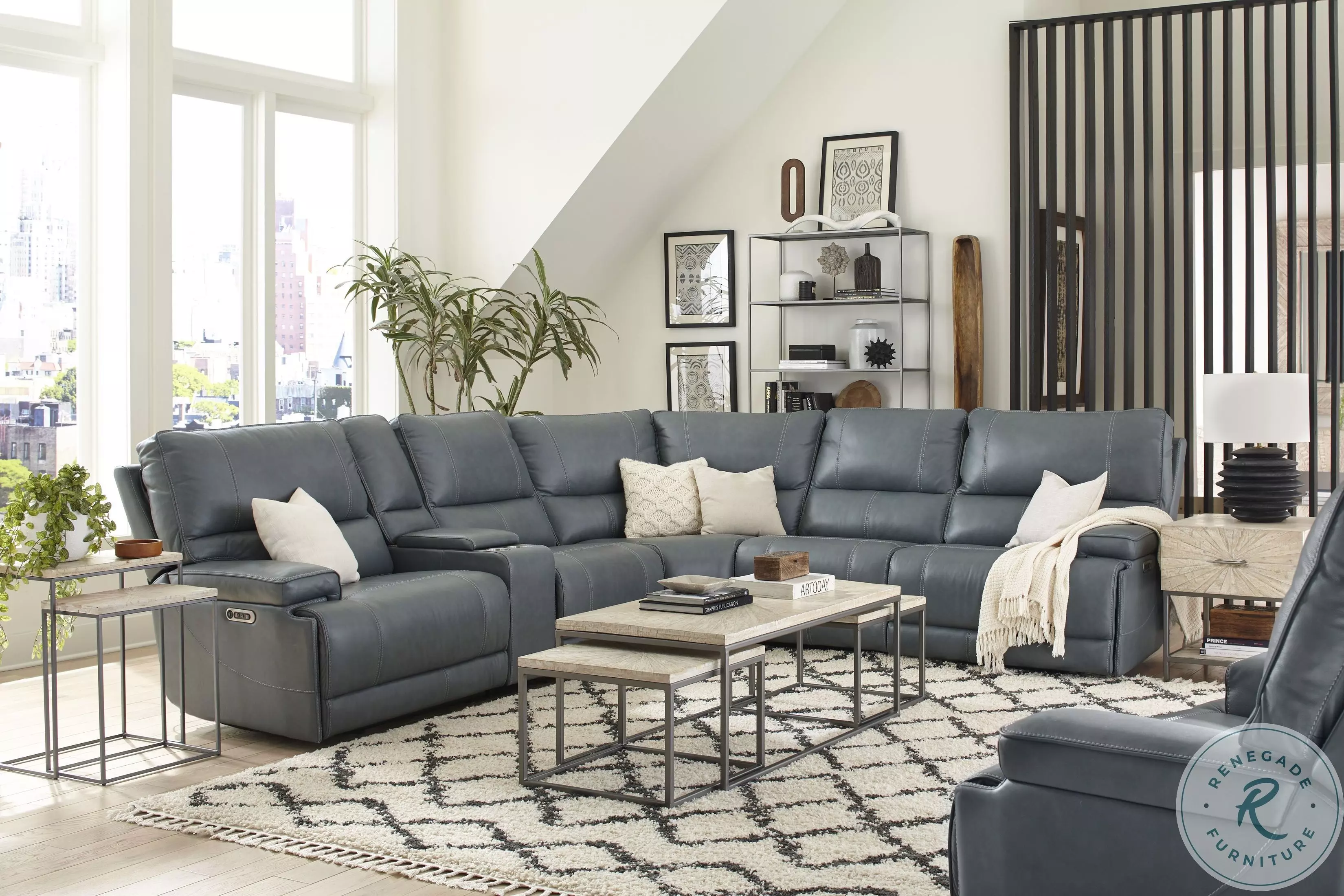 Whitman Verona Azure Leather Modular Power Reclining Sectional