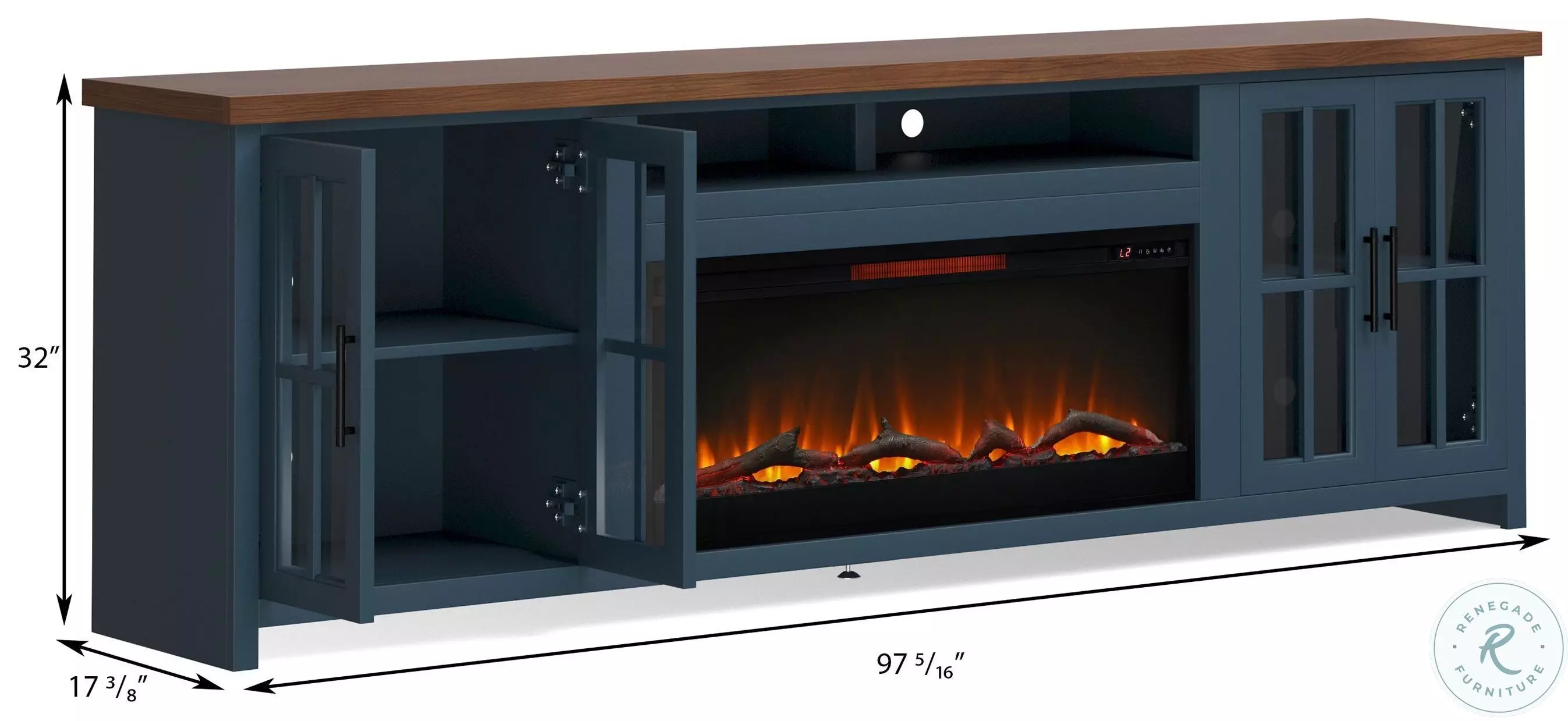 Nantucket Blue Denim And Whiskey 97" TV Stand with Fireplace