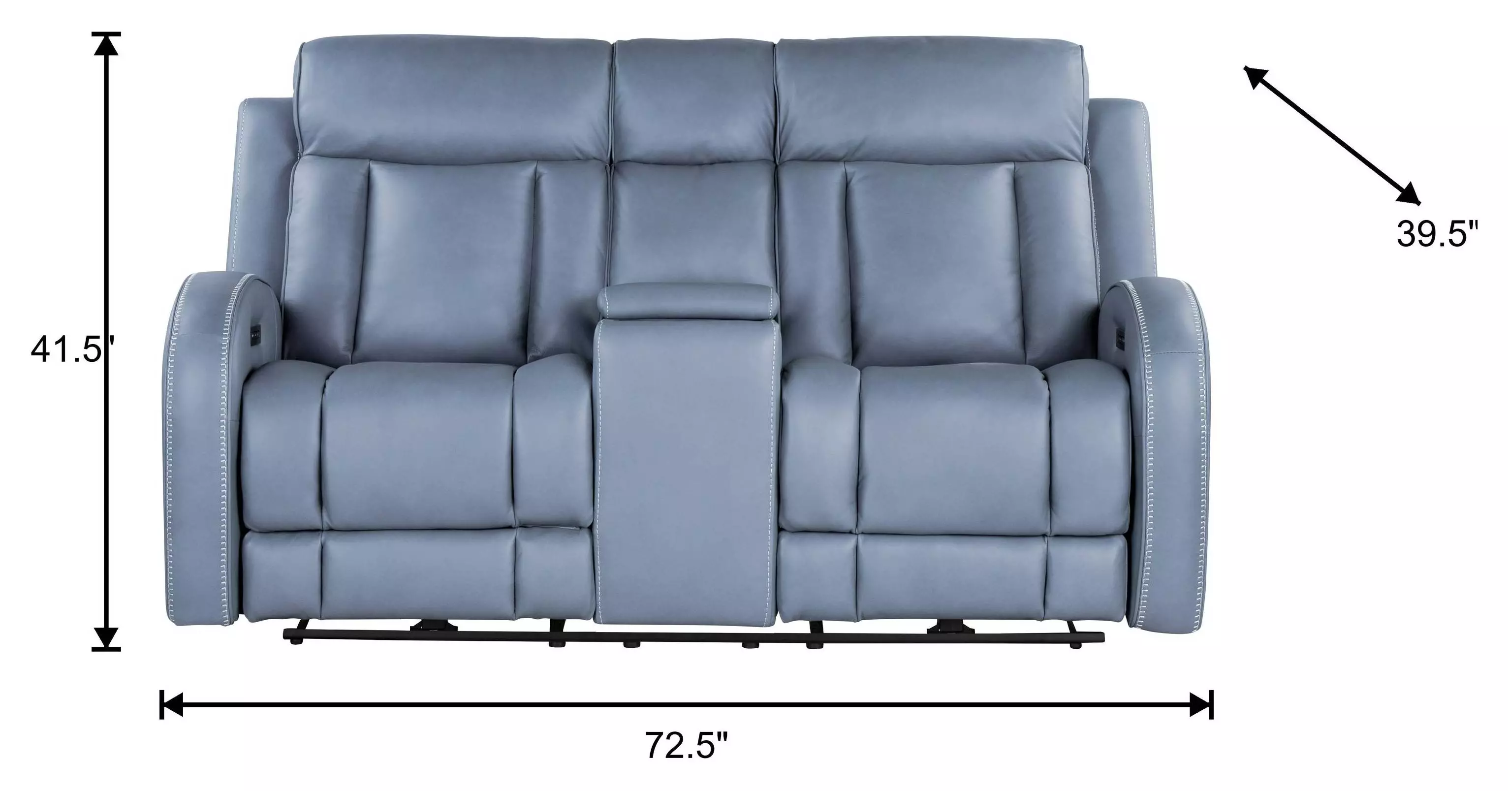 Quinn Blue Gray Leather 73" Zero Gravity Triple Power Reclining Loveseat with Console and USB Charging