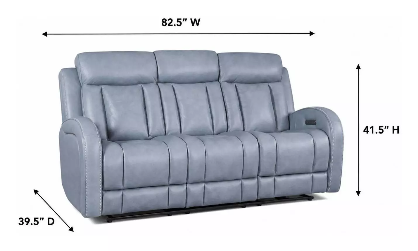Quinn Blue Gray Leather 83" Zero Gravity Triple Power Reclining Sofa with Drop Down Console andUSB Charging