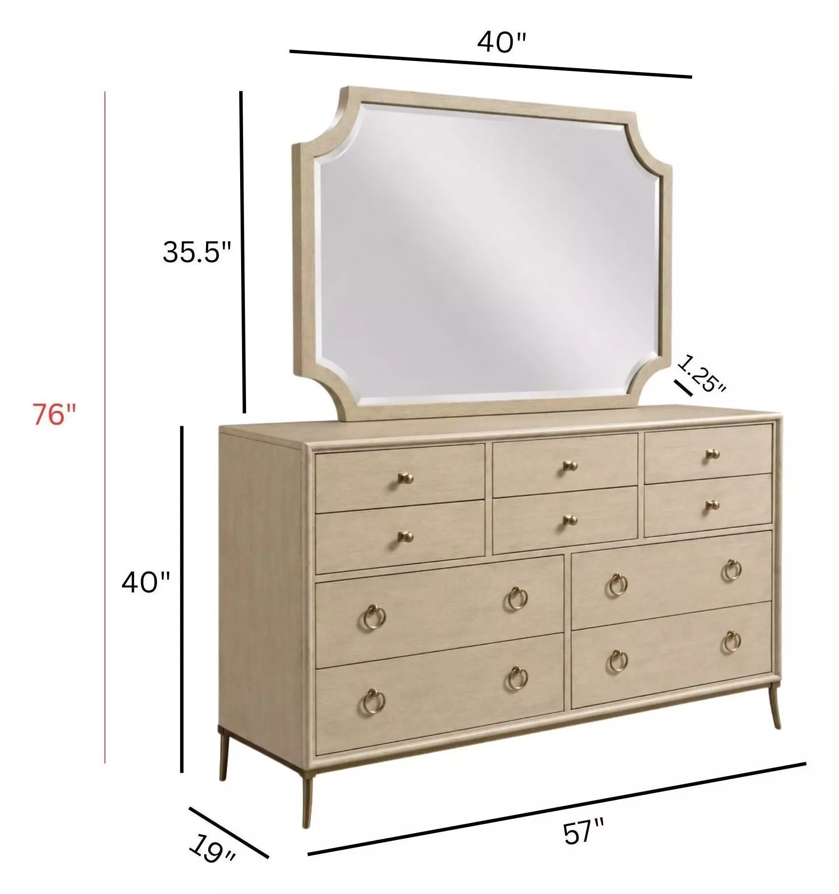 Lenox Alabaster 10 Drawer Ventura Dresser with Rectangular Sarbonne Mirror