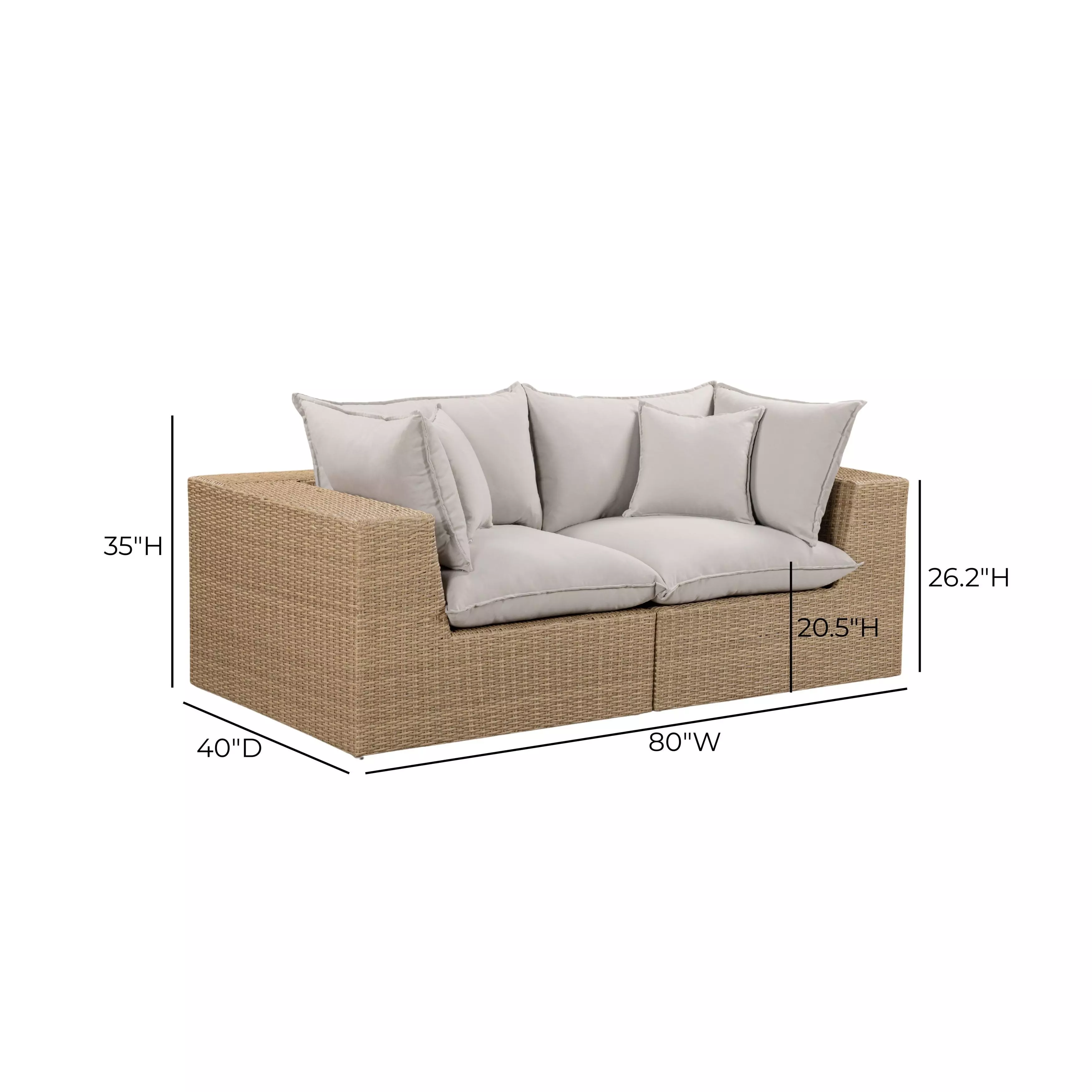 Cali Light Gray Fabric & Brown Wicker 80" Modular Outdoor Loveseat