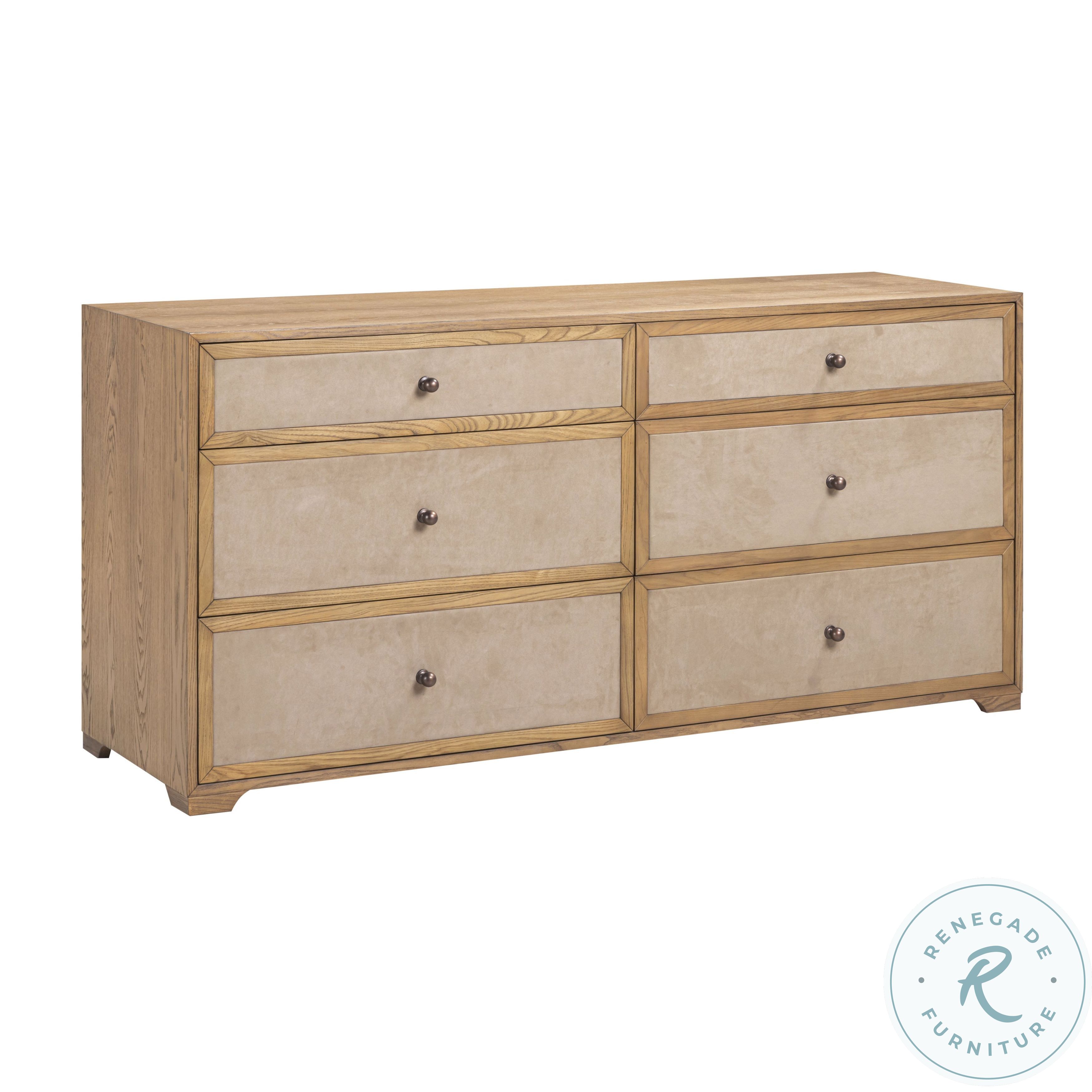Laurentis 64" Light Taupe Suede and Wood 6-Drawer Dresser Laurentis 64" Light Taupe Suede and Wood 6-Drawer Dresser