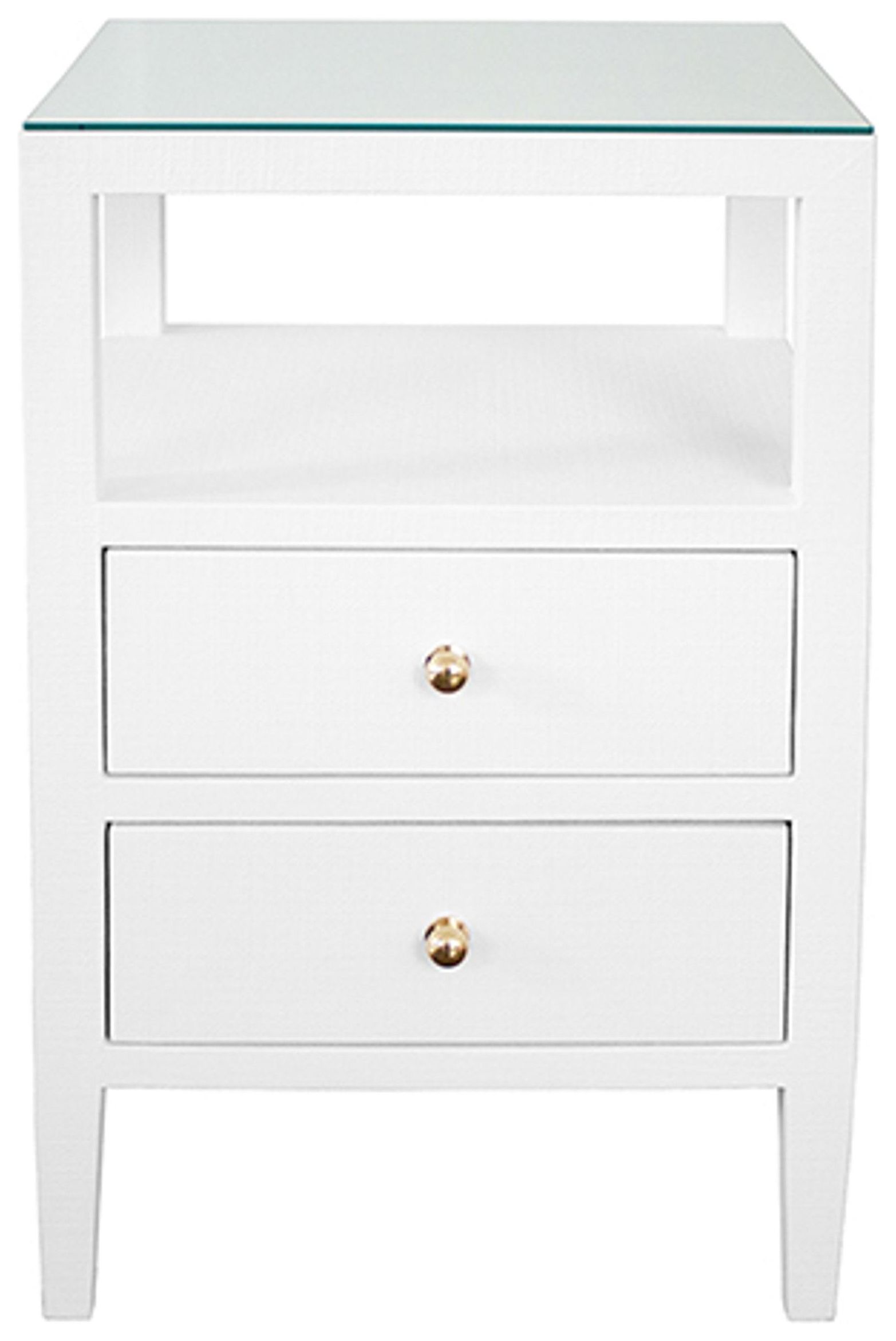 Roscoe White Lacquer Square 2 Drawer Glass Top Side Table from Worlds ...