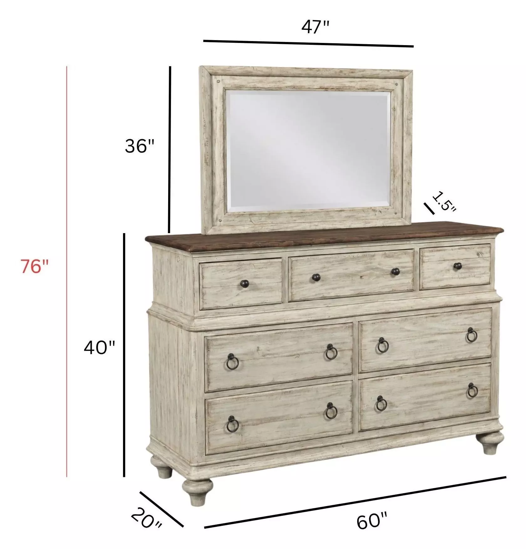 Homestead Pine Cornsilk 7 Drawer Wellington Dresser with Rectangular Landscape Mirror
