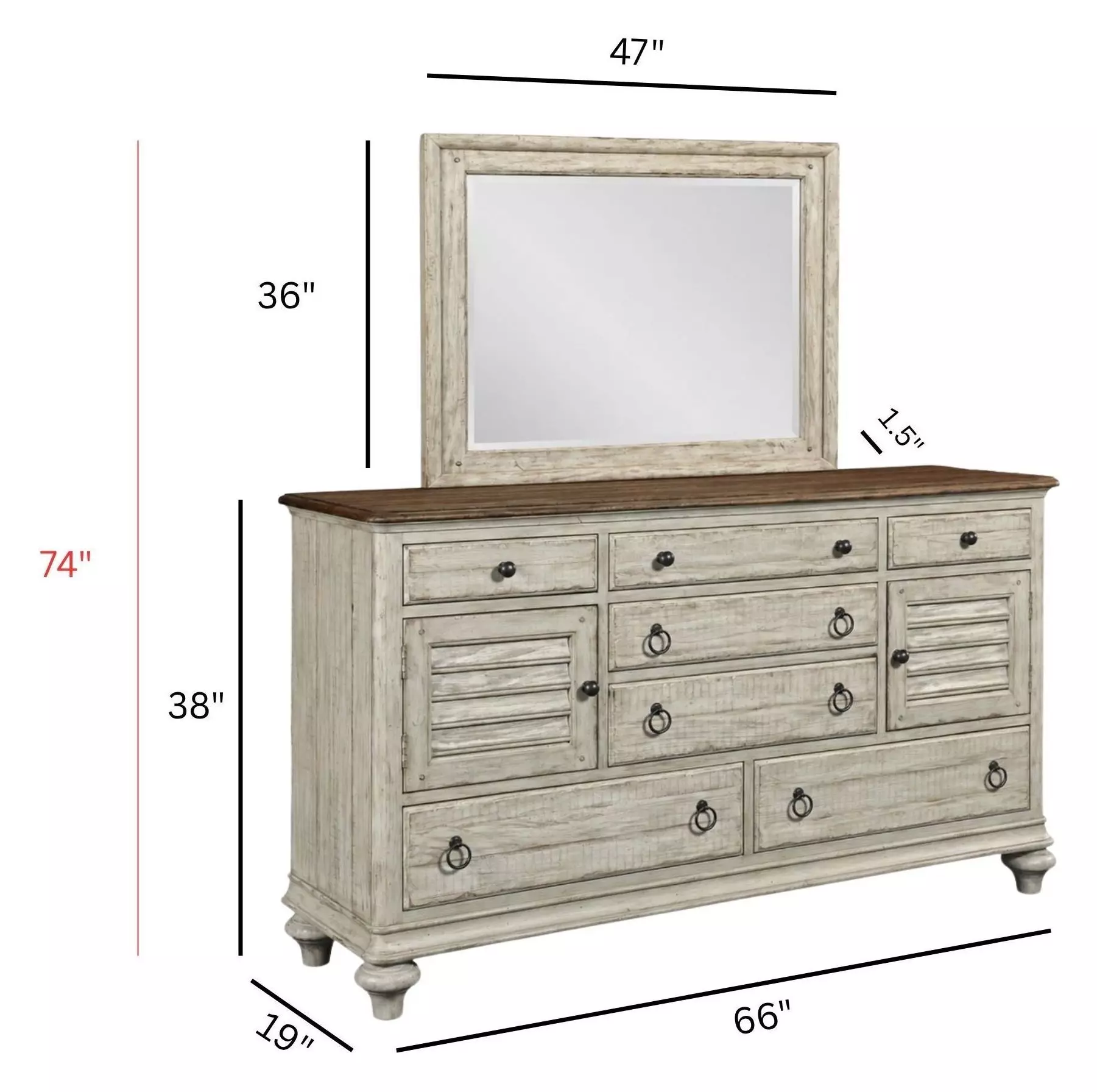 Homestead Pine Cornsilk 7 Drawer Ellesmere Dresser with Rectangular Landscape Mirror