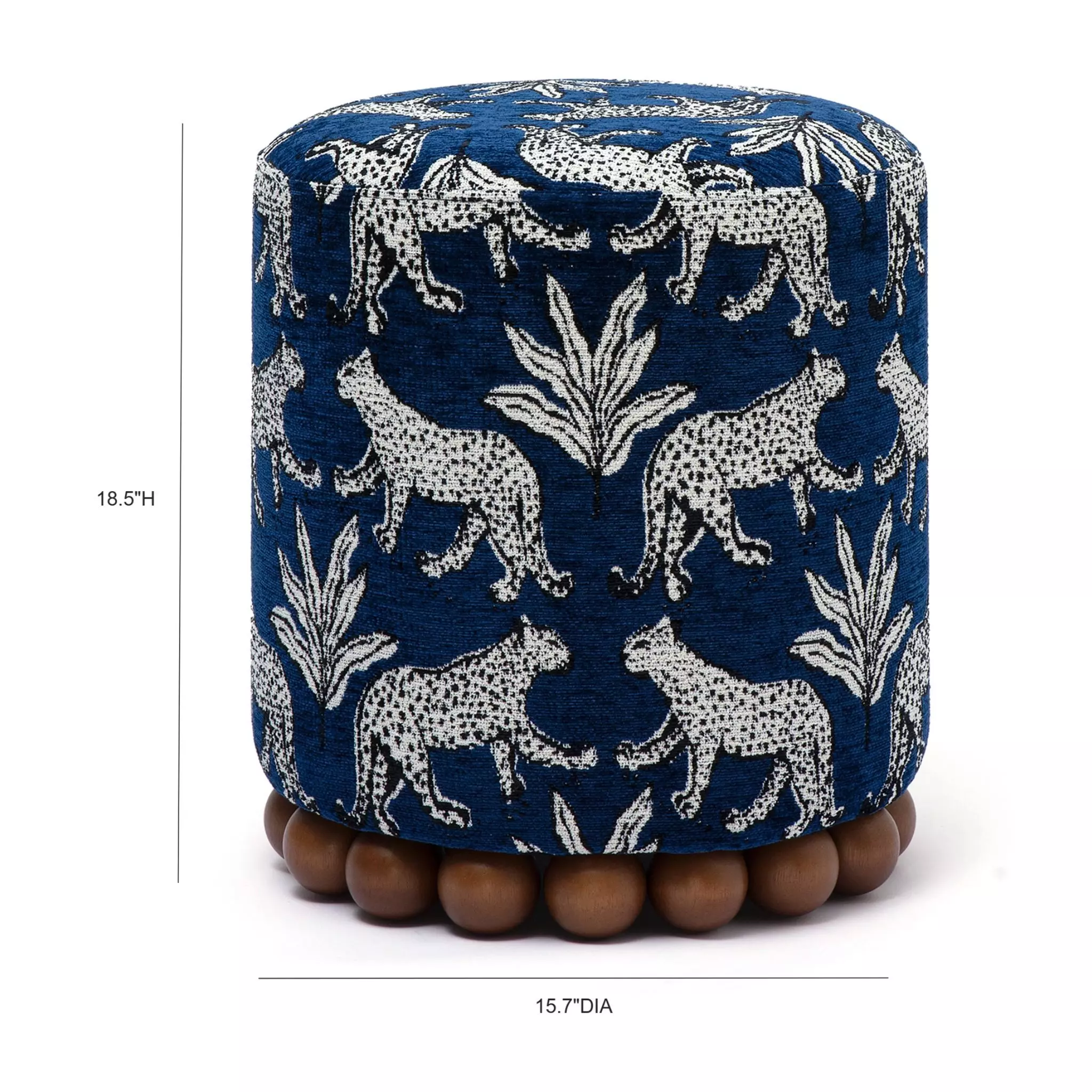 Dex Blue and White Leopard Jacquard Performance Fabric Upholstered Round Ottoman
