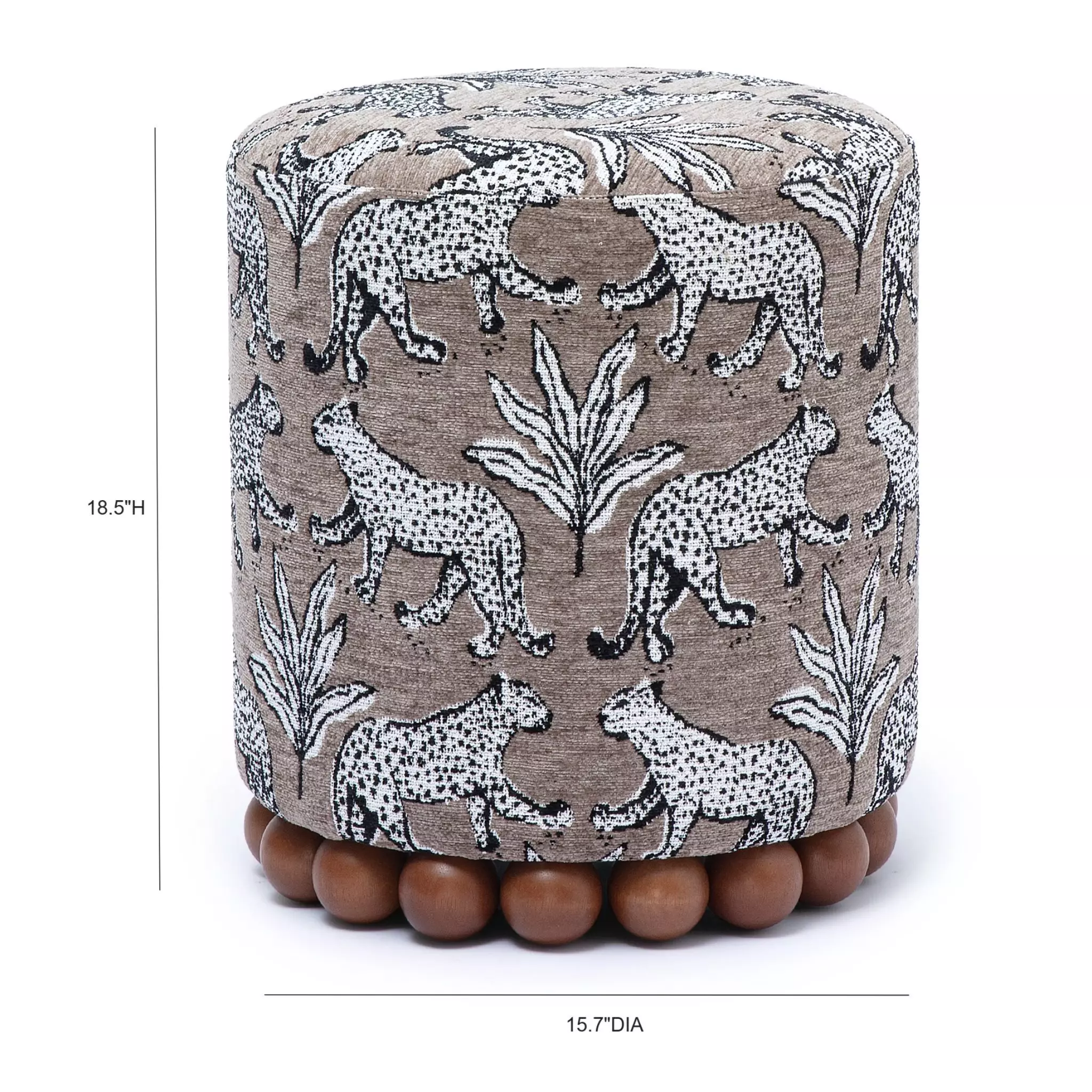 Dex Smoke Gray and White Leopard Jacquard Performance Fabric Upholstered Round Ottoman