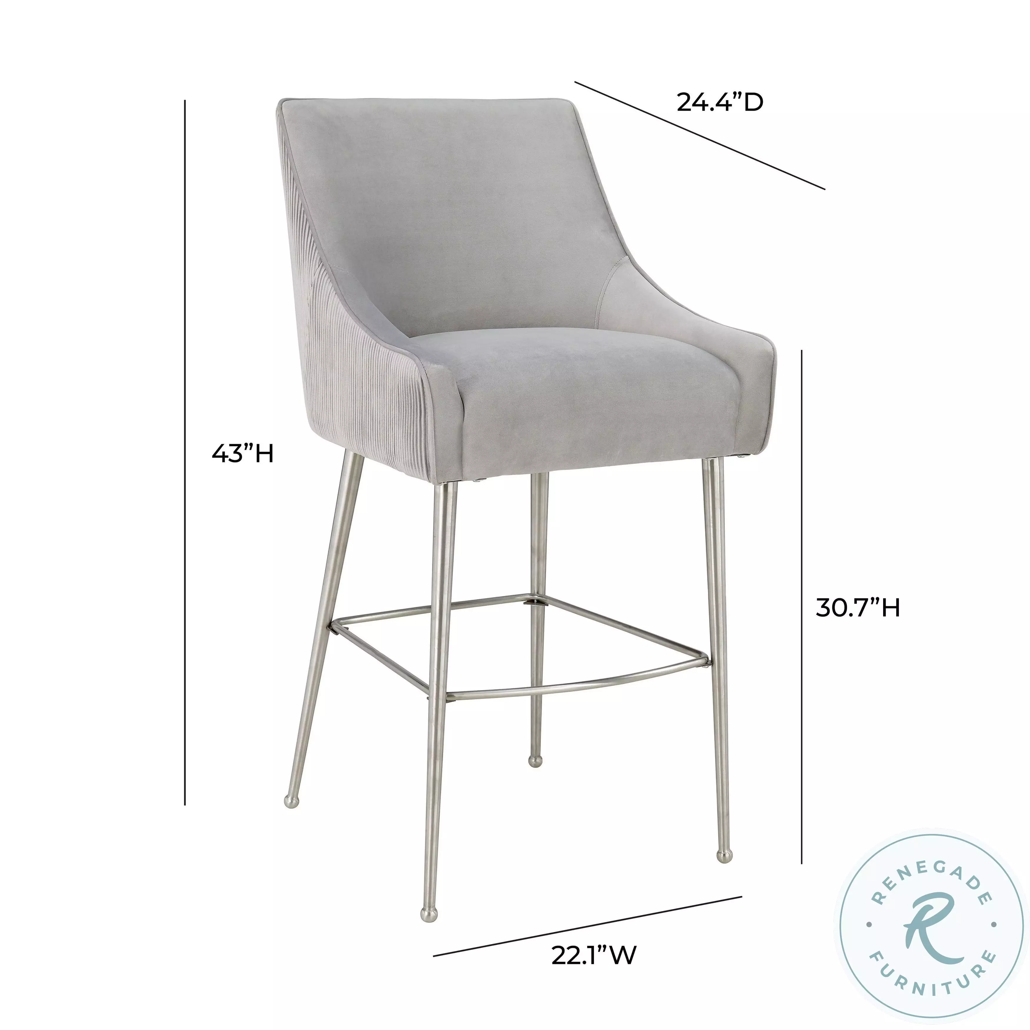 Beatrix Pleated Light Grey Velvet Bar Stool