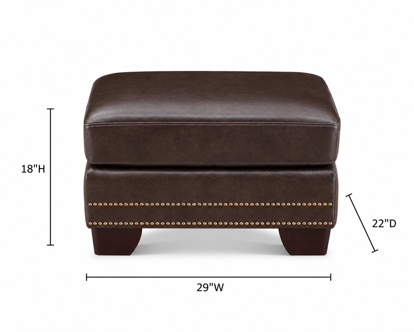 Aldercrest Brown Leather Upholstered Rectangular Ottoman with Nailhead Trim