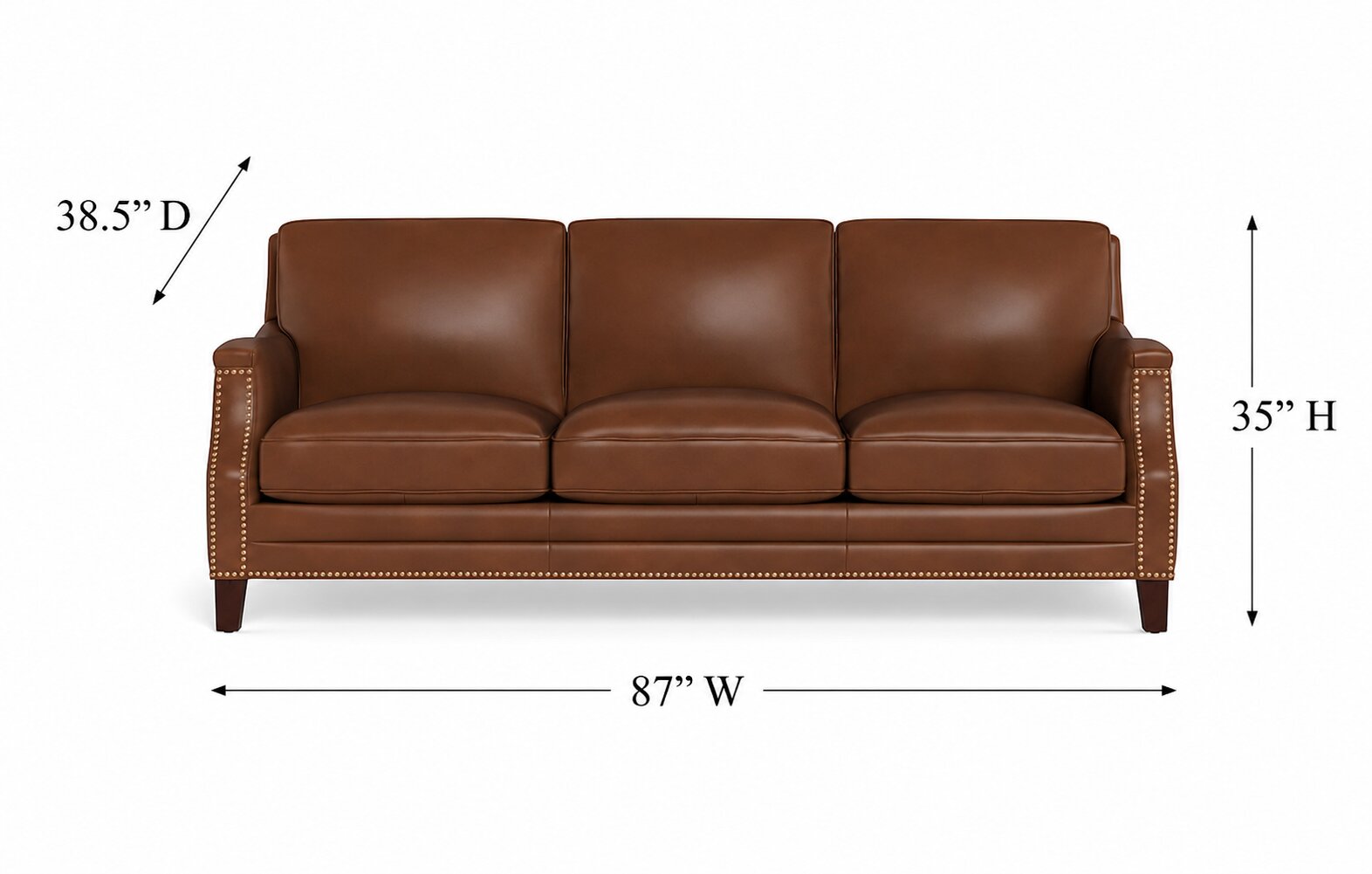 Camden Pecan Leather 87" Sofa with Nailhead Trim