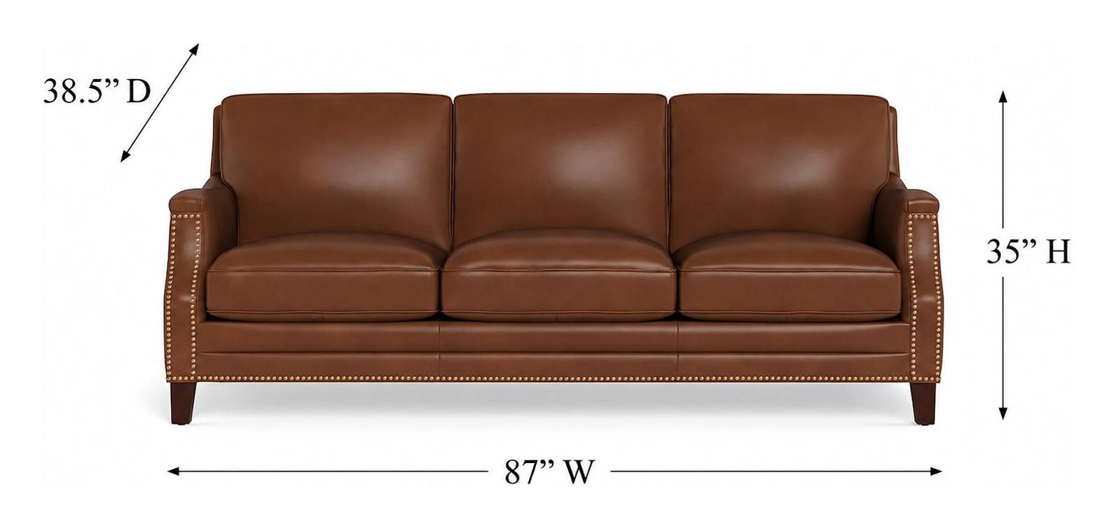 Camden Pecan Leather 87" Sofa with Nailhead Trim
