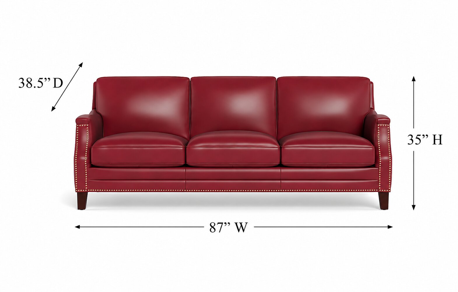 Camden Cranberry Leather 87" Sofa with Nailhead Trim