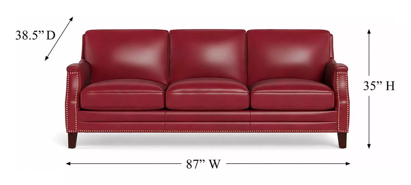 Camden Cranberry Leather 87" Sofa with Nailhead Trim