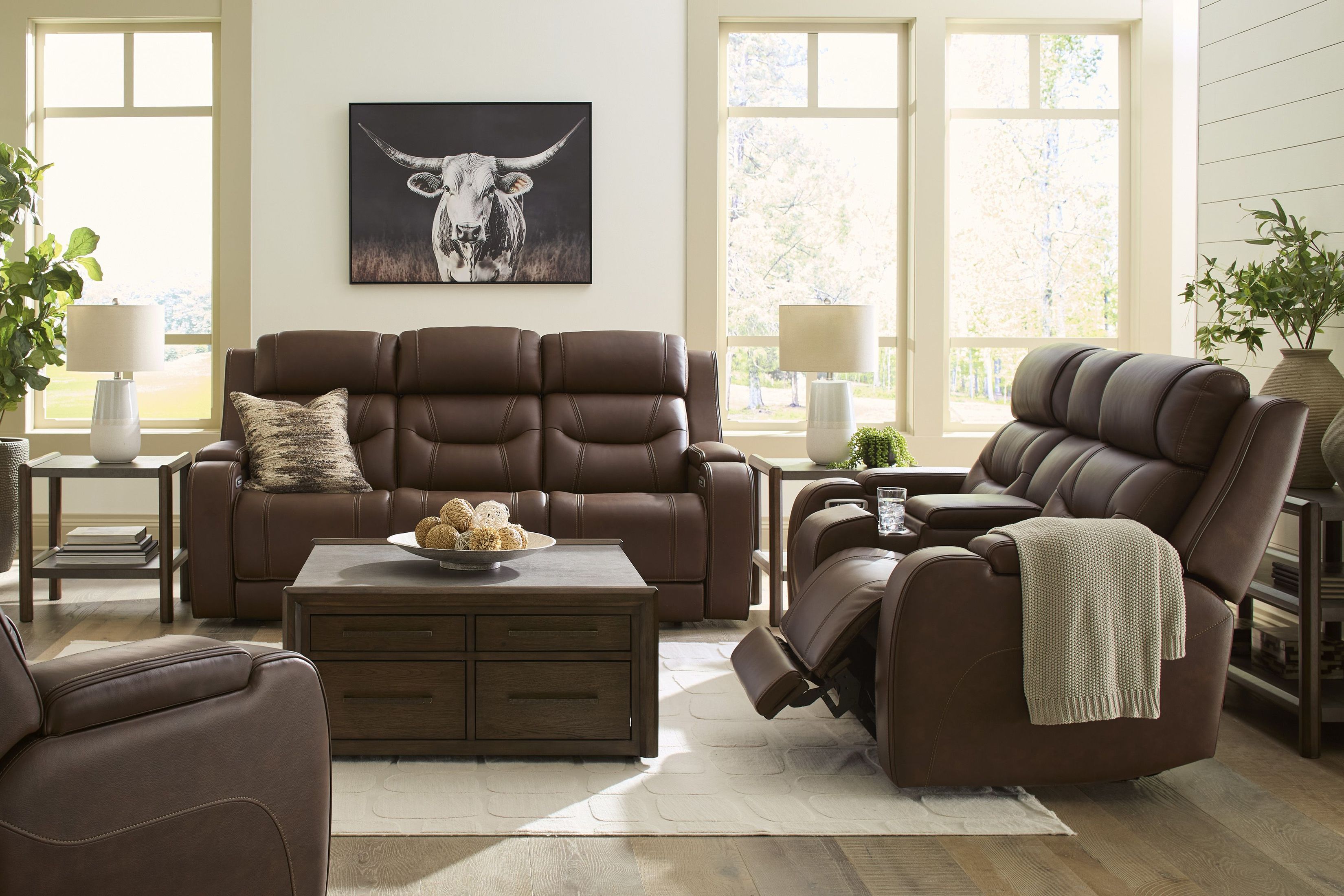 Dreamer Brown Leather Power Reclining Living Room Set with Audio ...