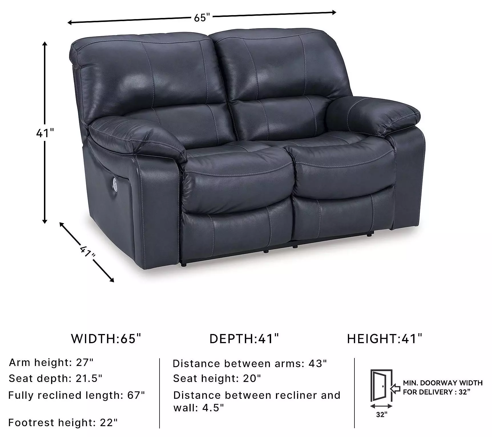 Leesworth Ocean 65" Power Reclining Loveseat