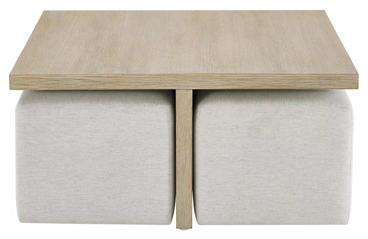 Aman Modern Cream Performance Natural Oak Square Coffee Table with Ottomans