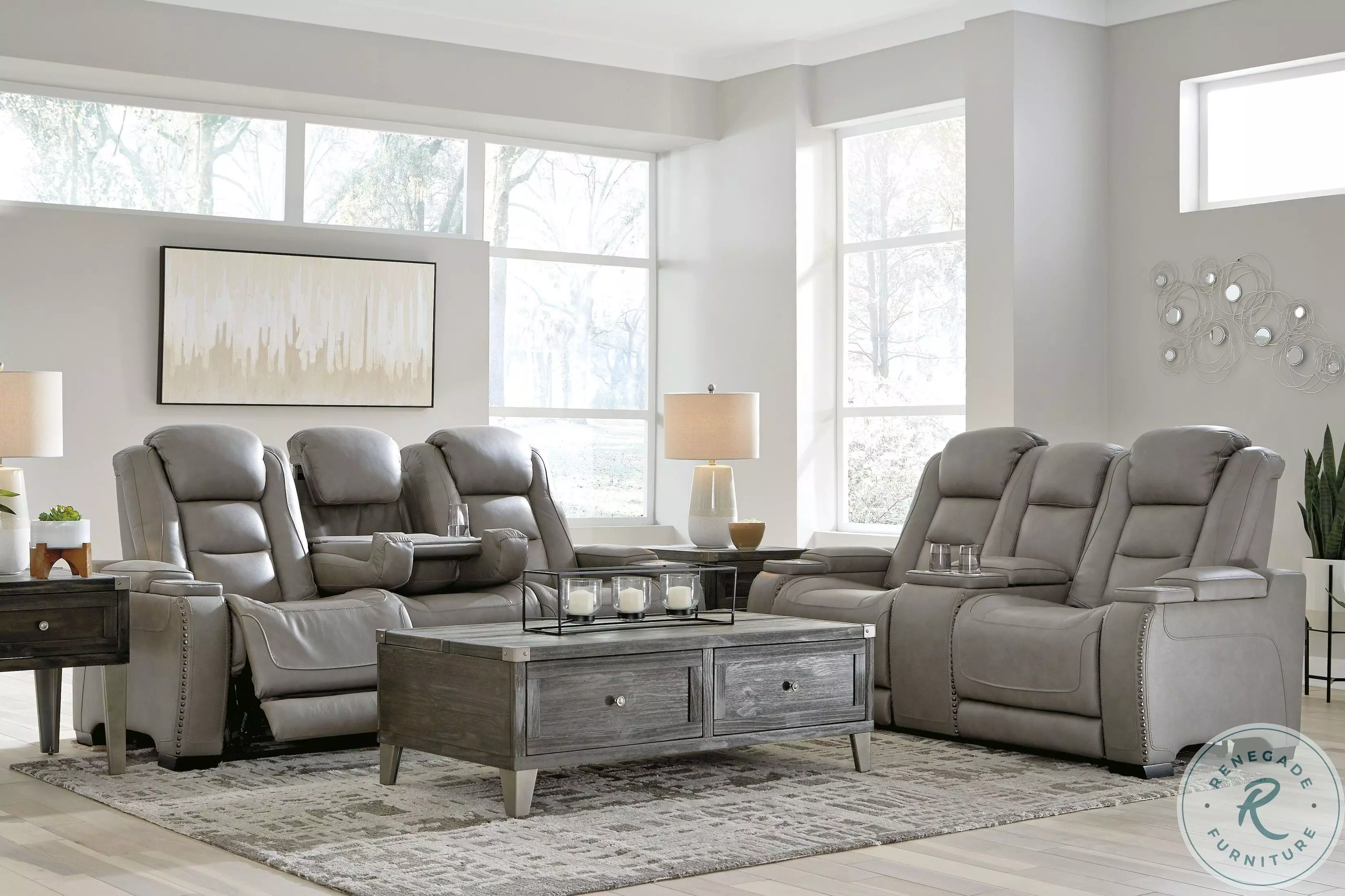 The Man-Den Gray Leather Power Reclining Living Room Set