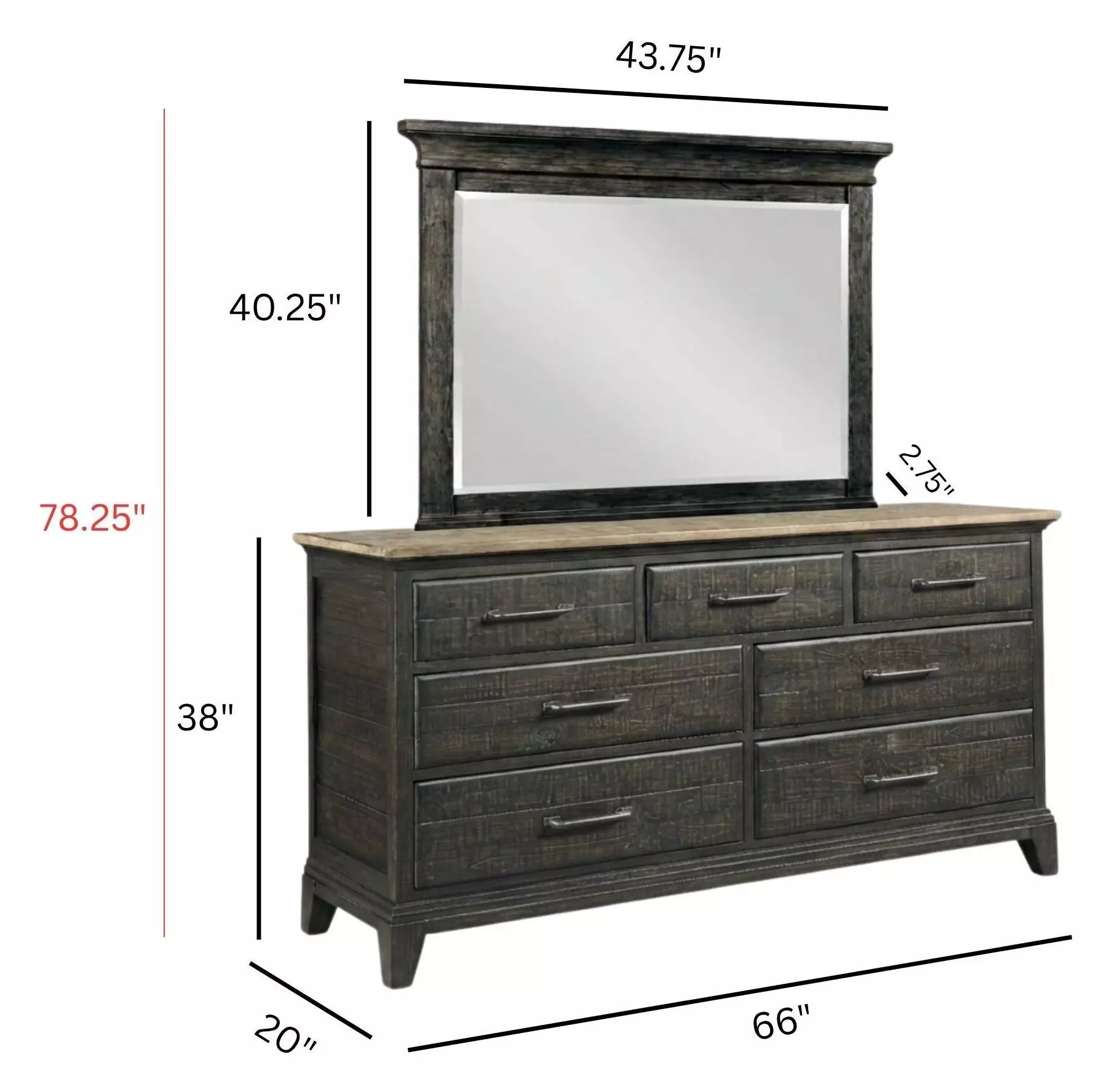 Heritage Timber Charcoal 7 Drawer Farmstead Dresser with Rectangular Jessup Mirror