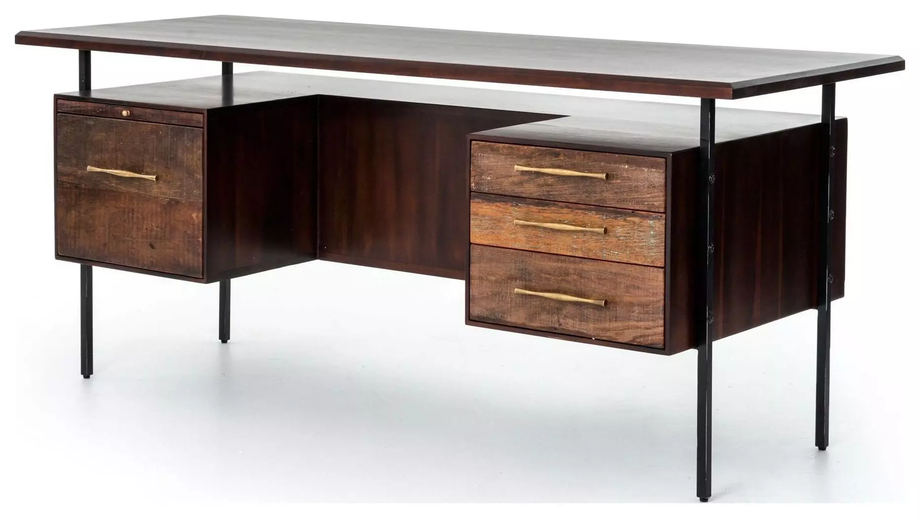 Wayland Rustic Lodge Brown Oak Wood Black Steel 4 Drawer Desk