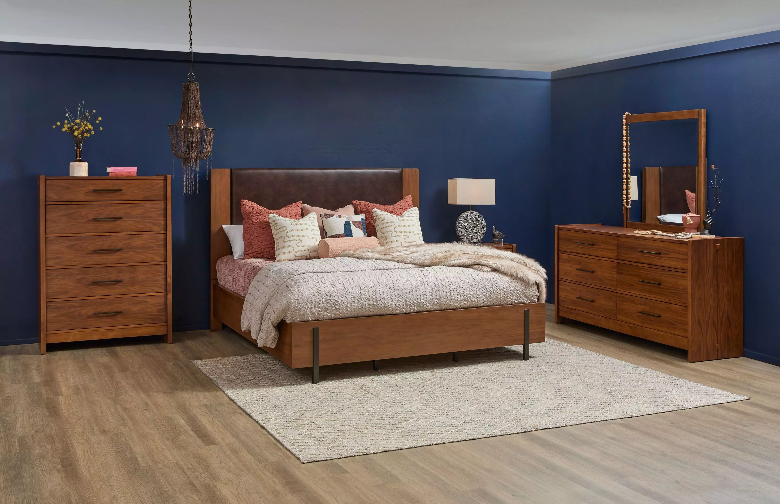 Lincoln Warm Walnut and Rich Brown Upholstered Platform Bedroom