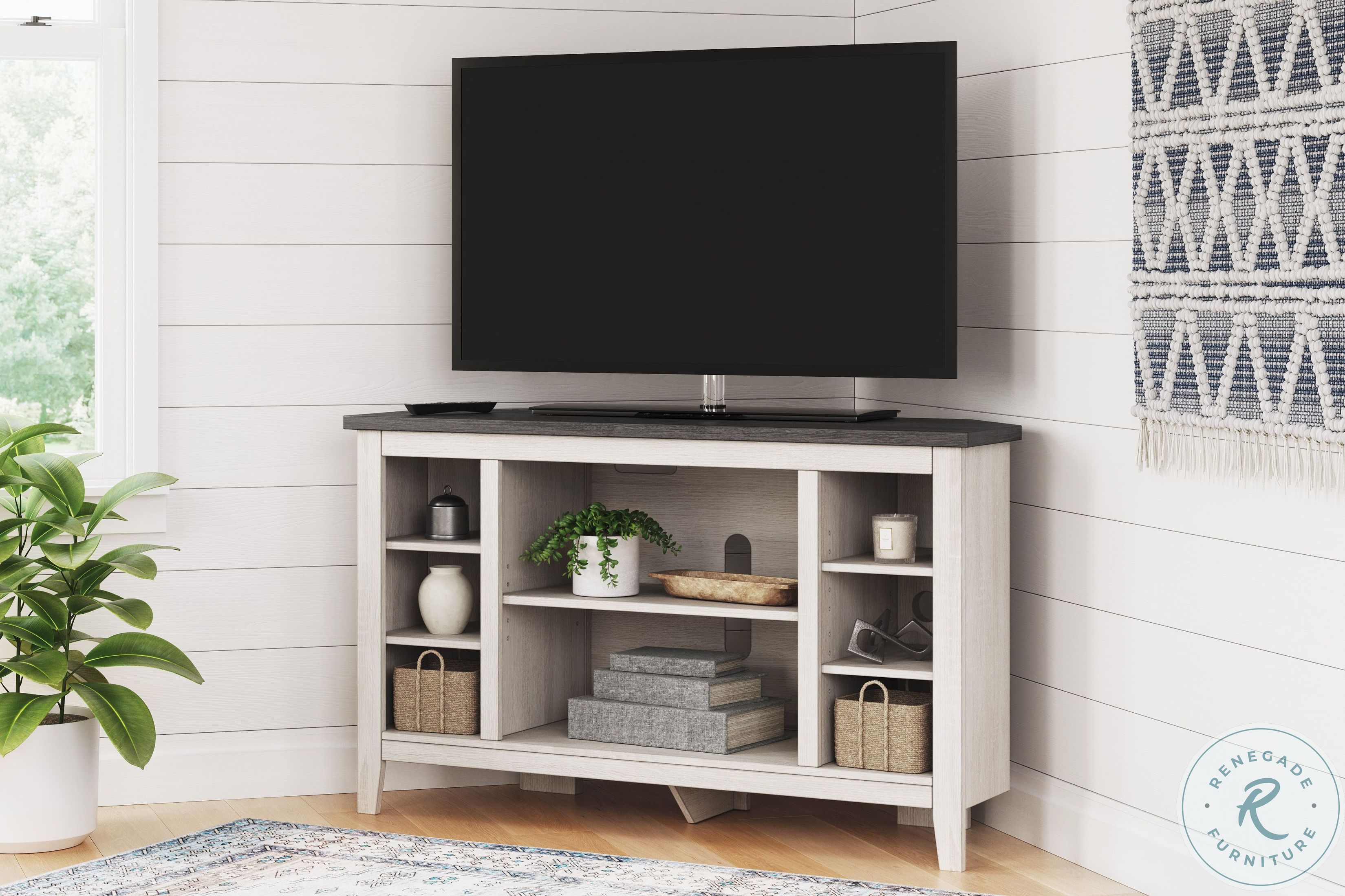 Dorrinson Antiqued White And Gray Corner TV Stand From Ashley Furniture