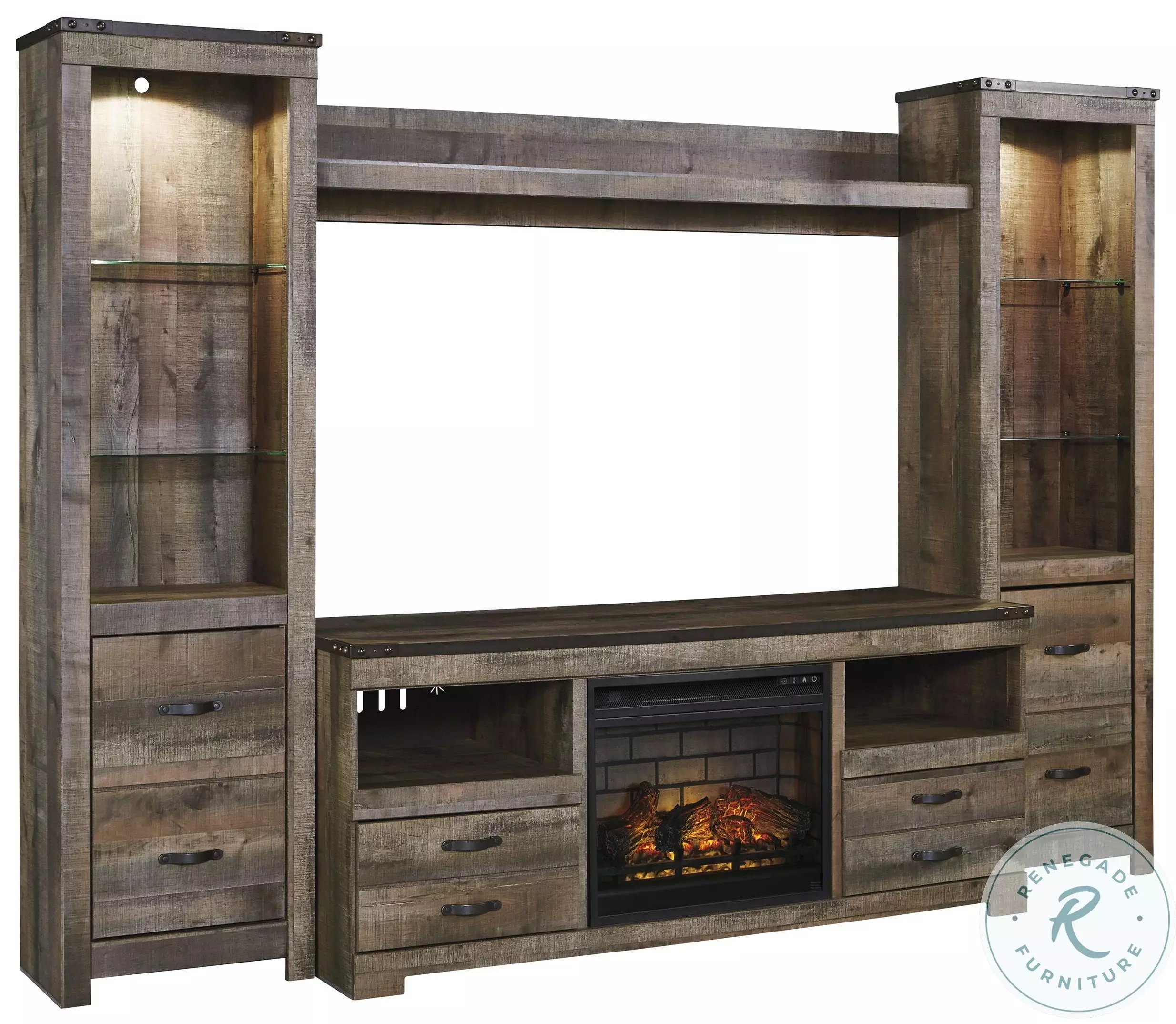 Trinell Brown 4 Piece Entertainment Wall Unit with Electric