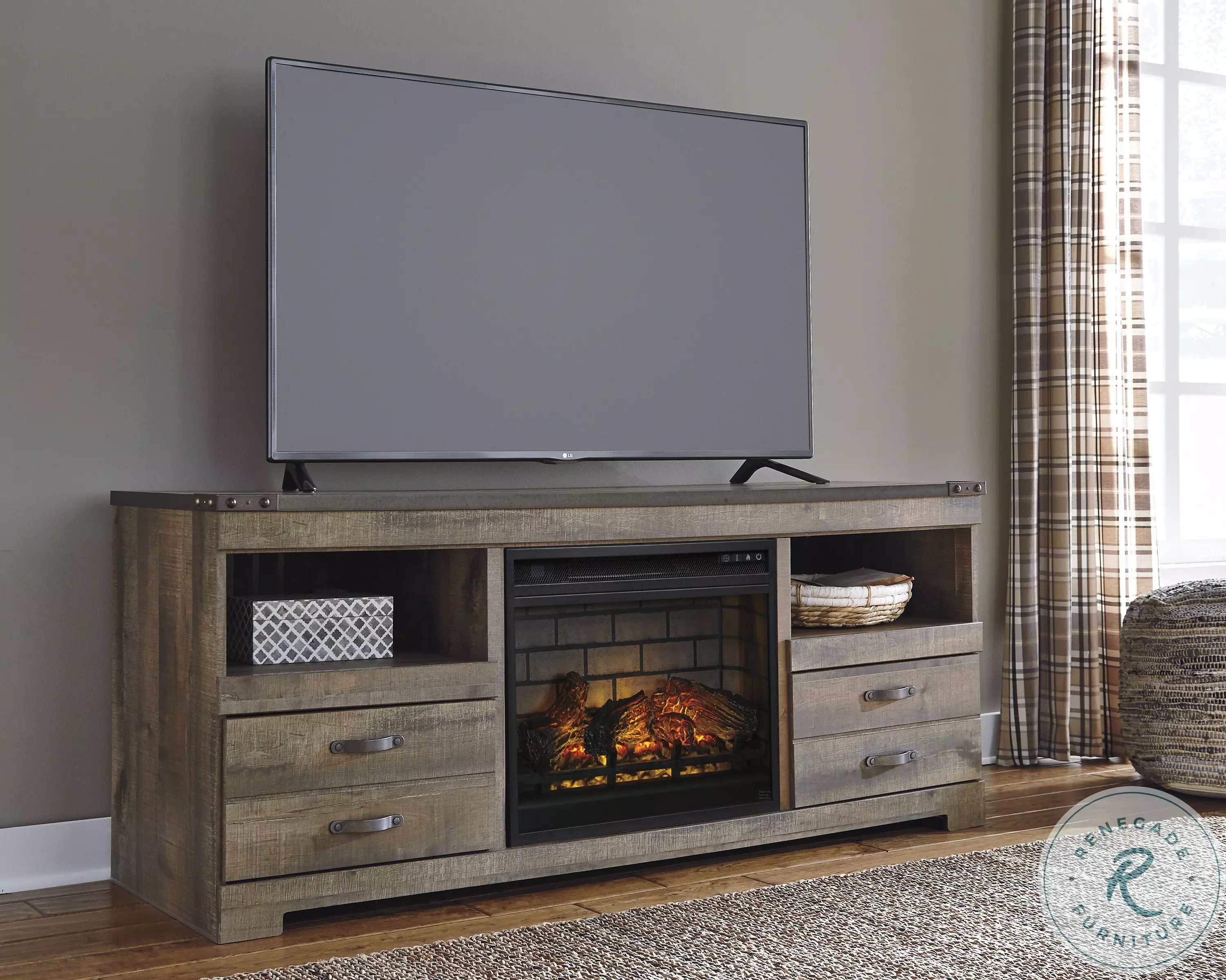Trinell Brown Lg TV Stand With Fireplace Insert From Home Gallery