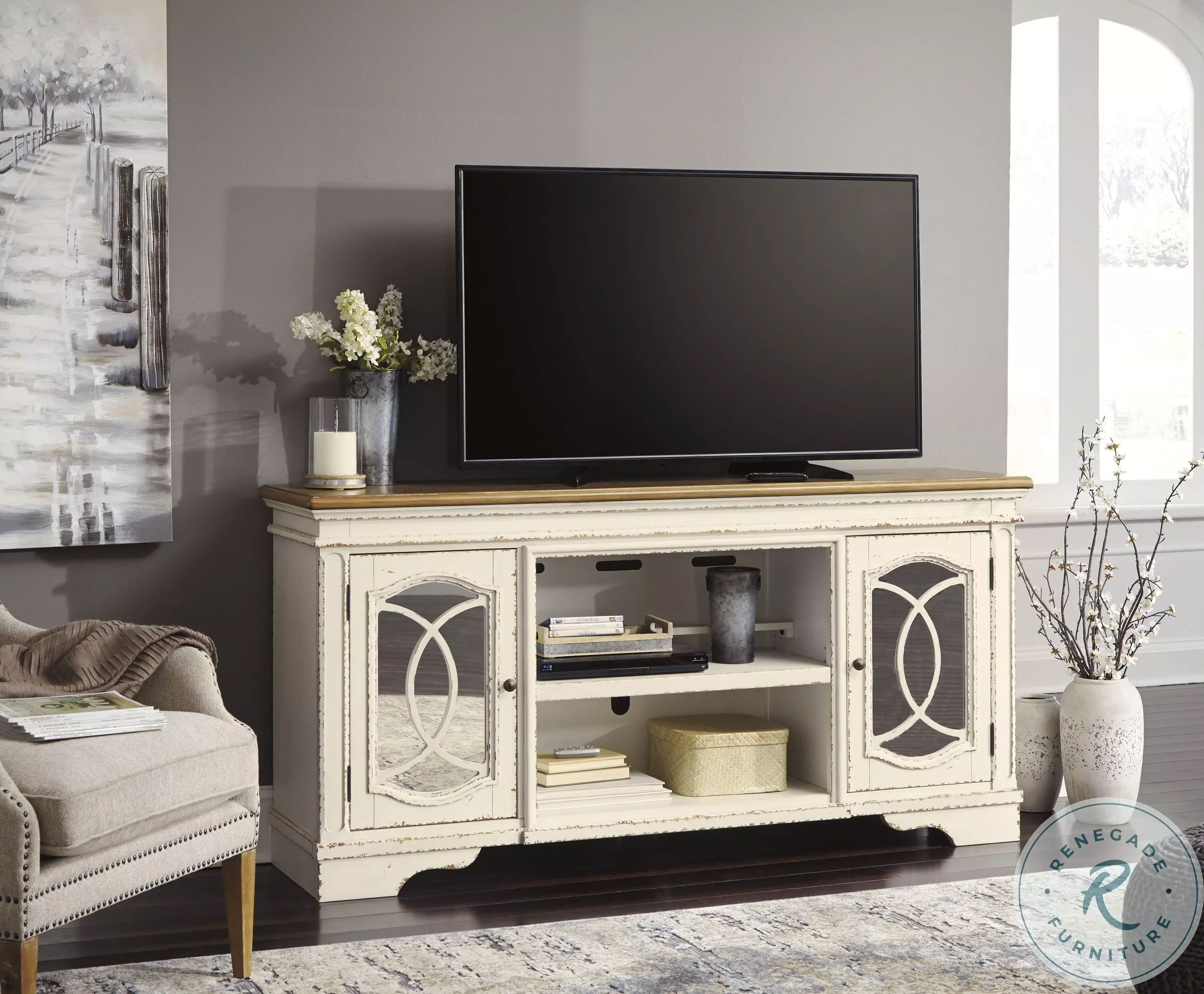 Realyn Chipped White XL TV Stand from Ashley | Coleman Furniture