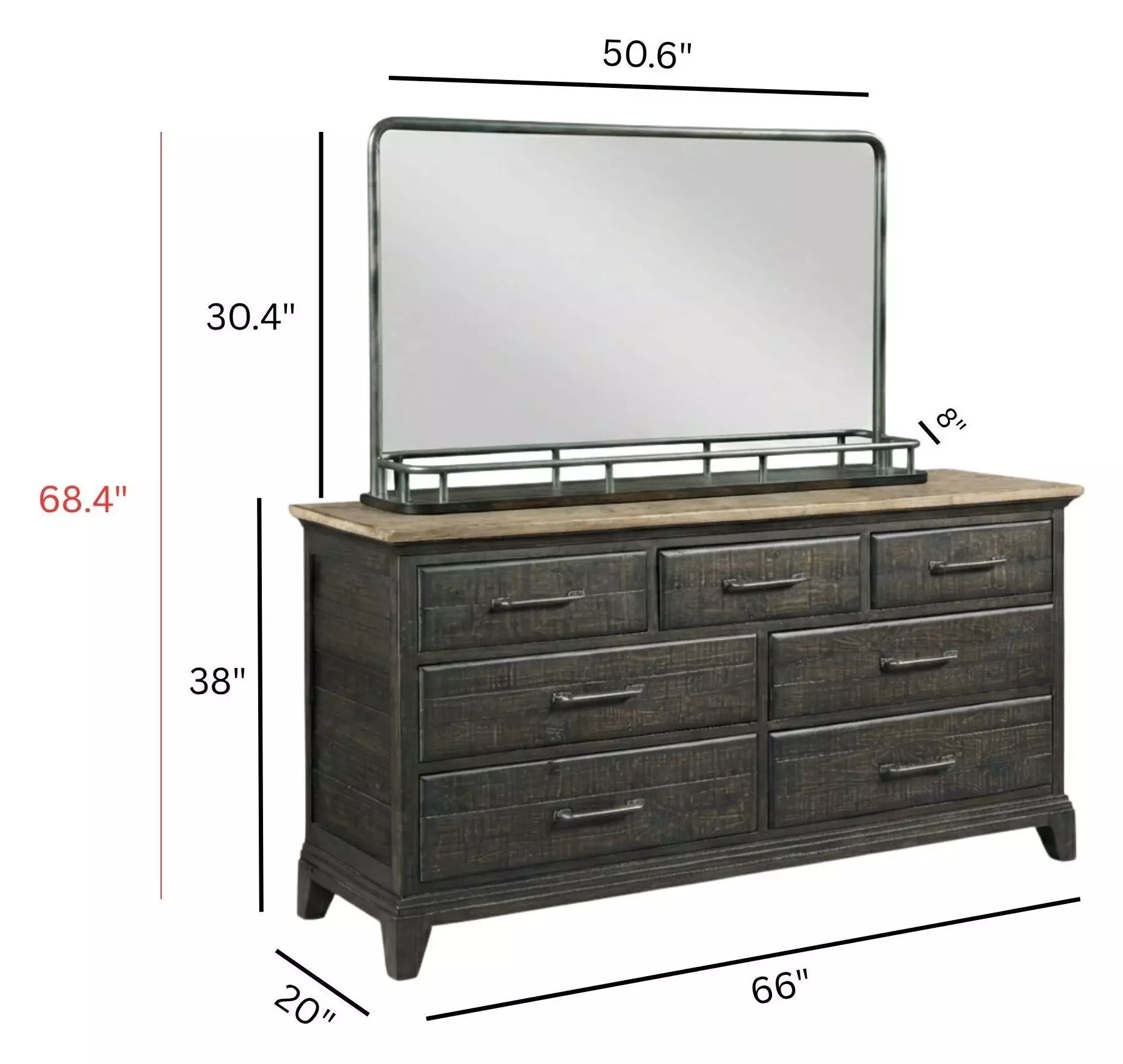 Heritage Timber Charcoal and Gray 7 Drawer Farmstead Dresser with Rectangular Landscape Mirror